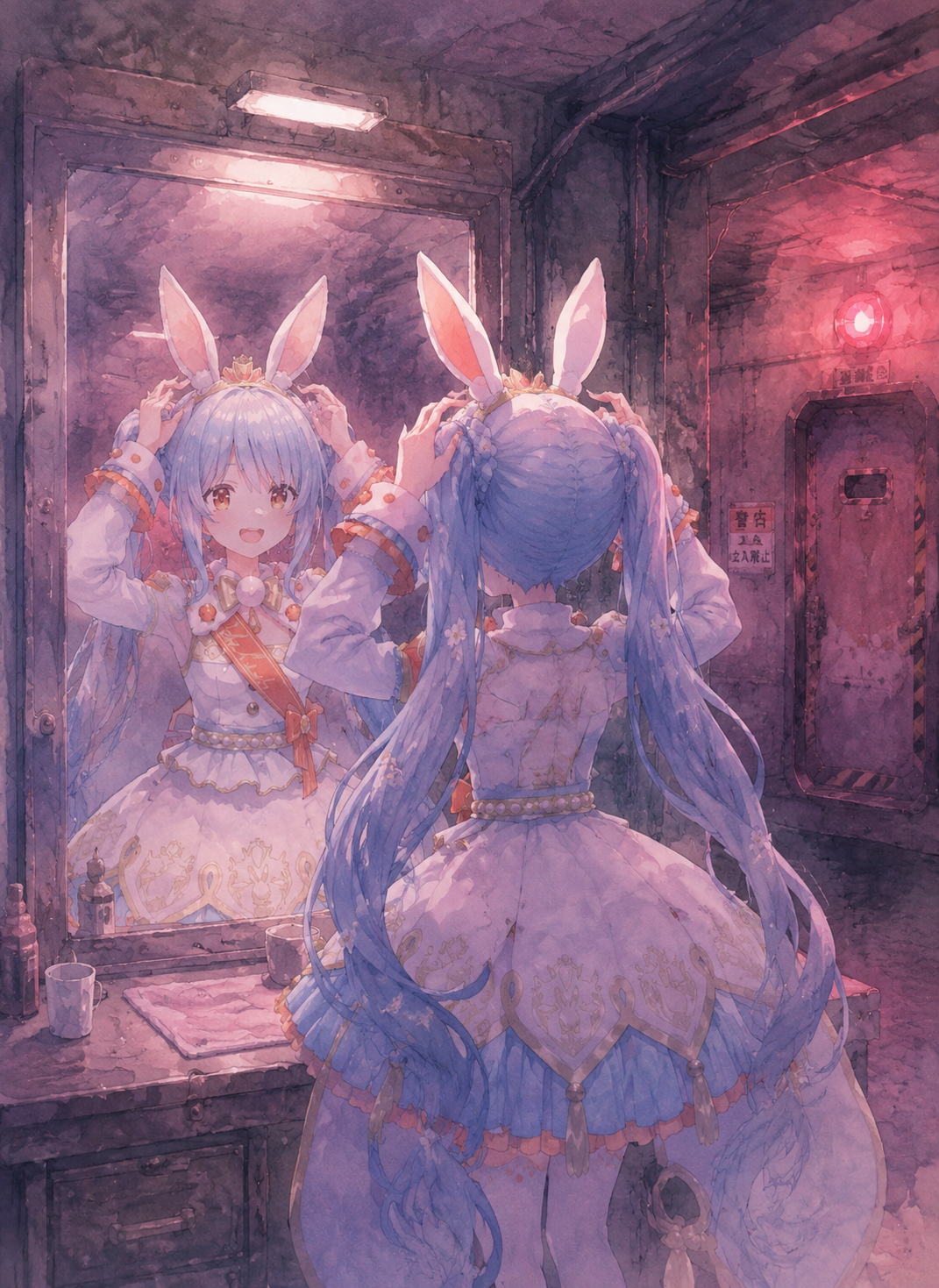Adjusting her bunny ears in a mirror In a dark underground bunker with red sirens (soft watercolor, dreamy pastel lighting)