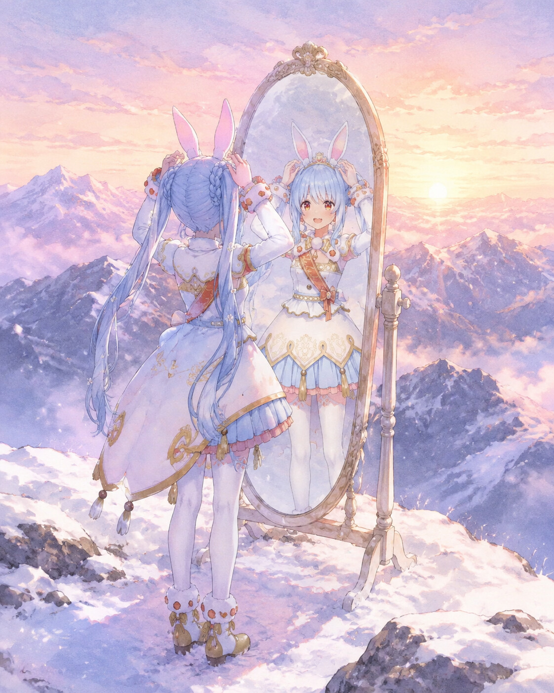 Adjusting her bunny ears in a mirror on a snowy mountain peak at dawn (soft watercolor)