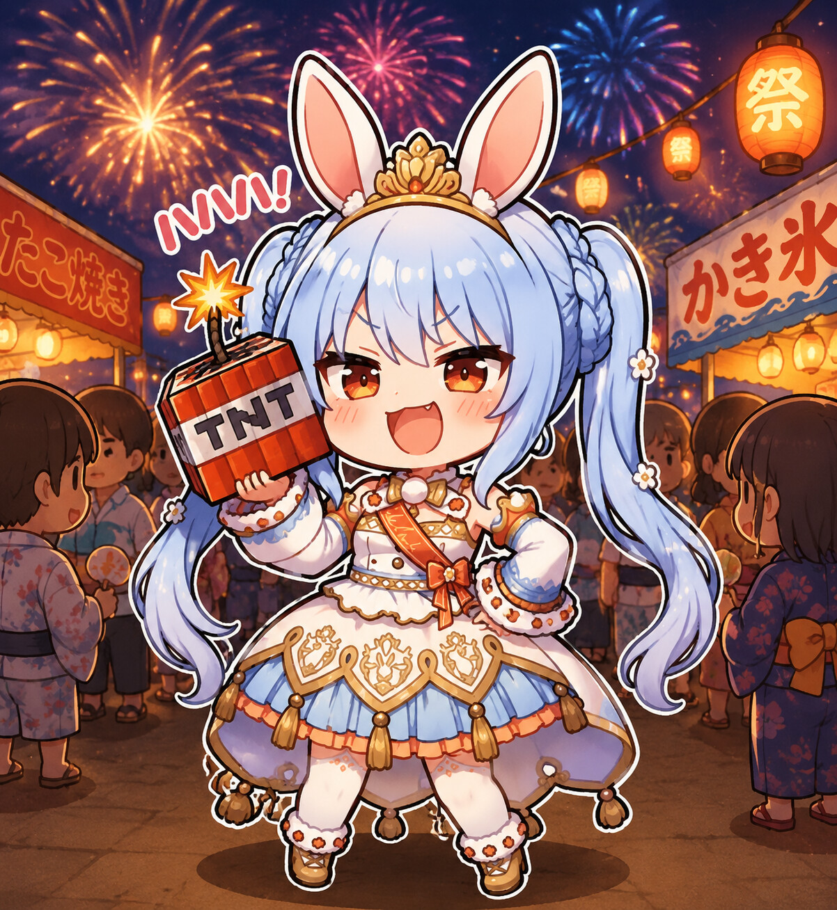 Cackling mischievously while holding a TNT block at a crowded summer festival during fireworks (chibi art style)