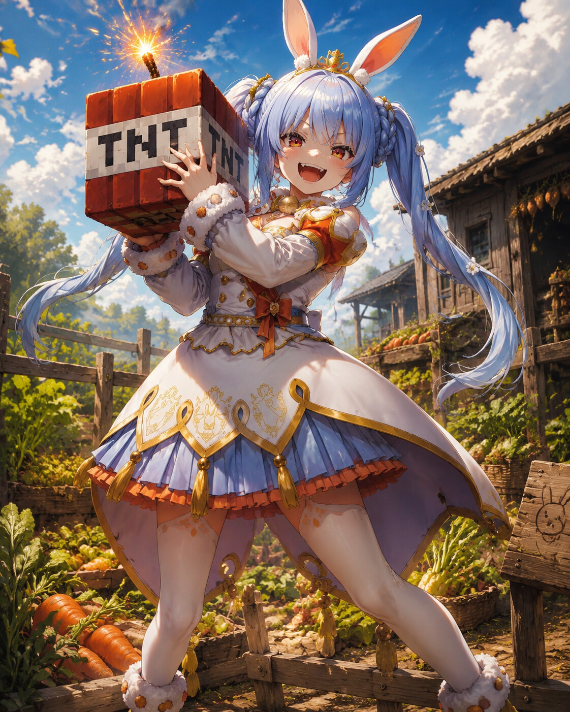 Cackling mischievously while holding a TNT block at a rustic vegetable farm under midday sun (cinematic dramatic lighting)