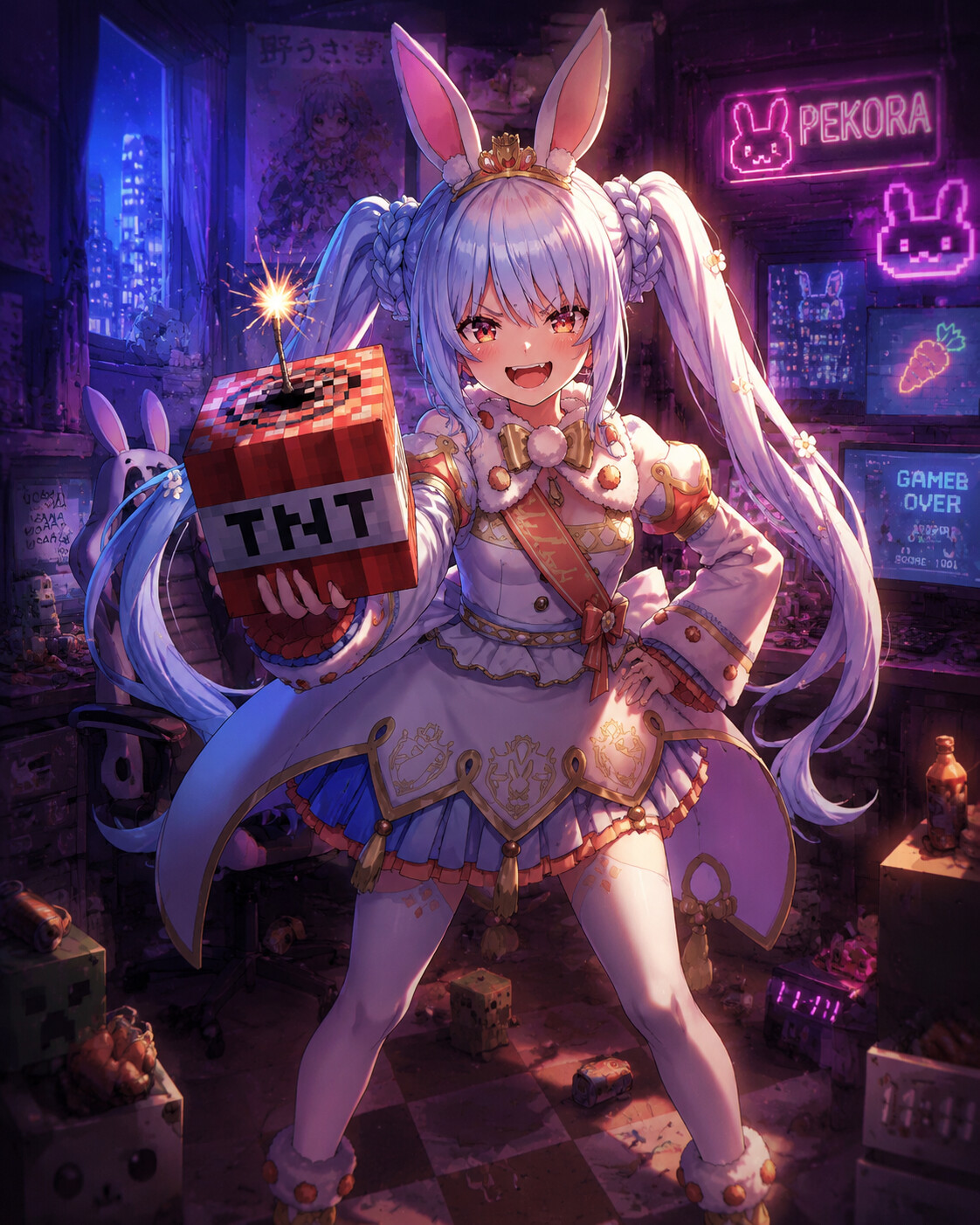 Cackling mischievously while holding a TNT block in a messy gaming room with neon lights (cinematic dramatic lighting)