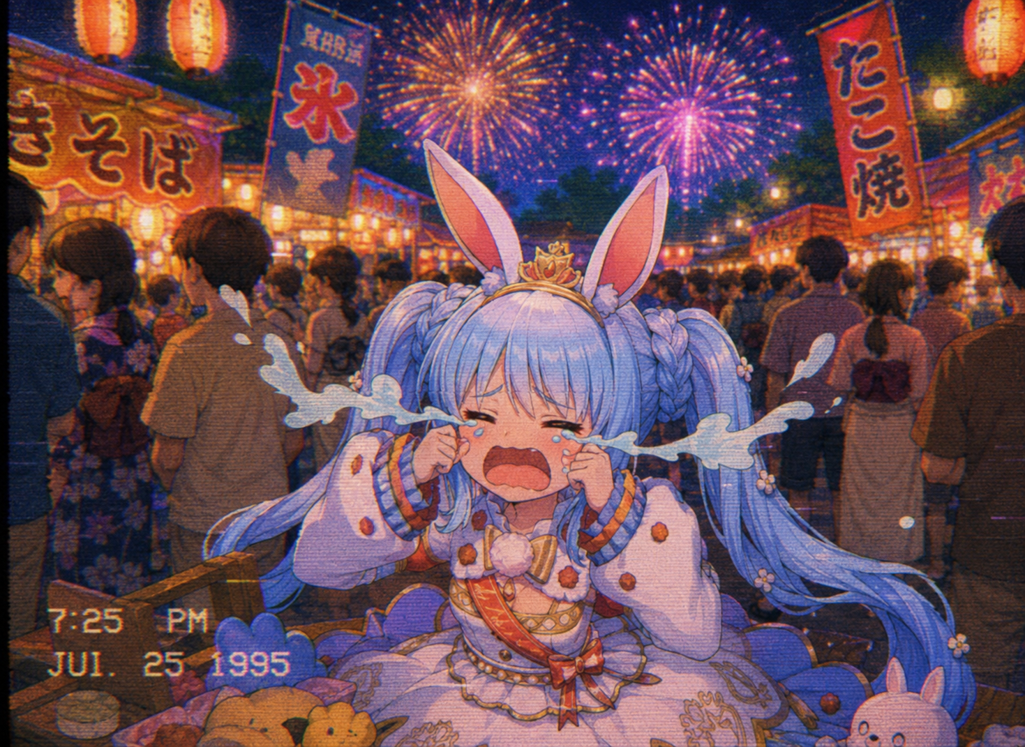Crying comically after losing a game At a crowded summer festival during fireworks (retro 90s aesthetic, grainy texture)