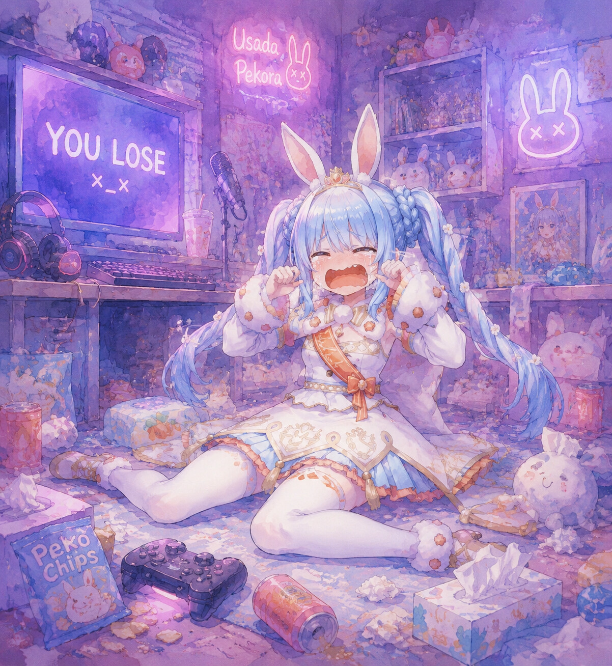 Crying comically after losing a game in a messy gaming room with neon lights (soft watercolor)