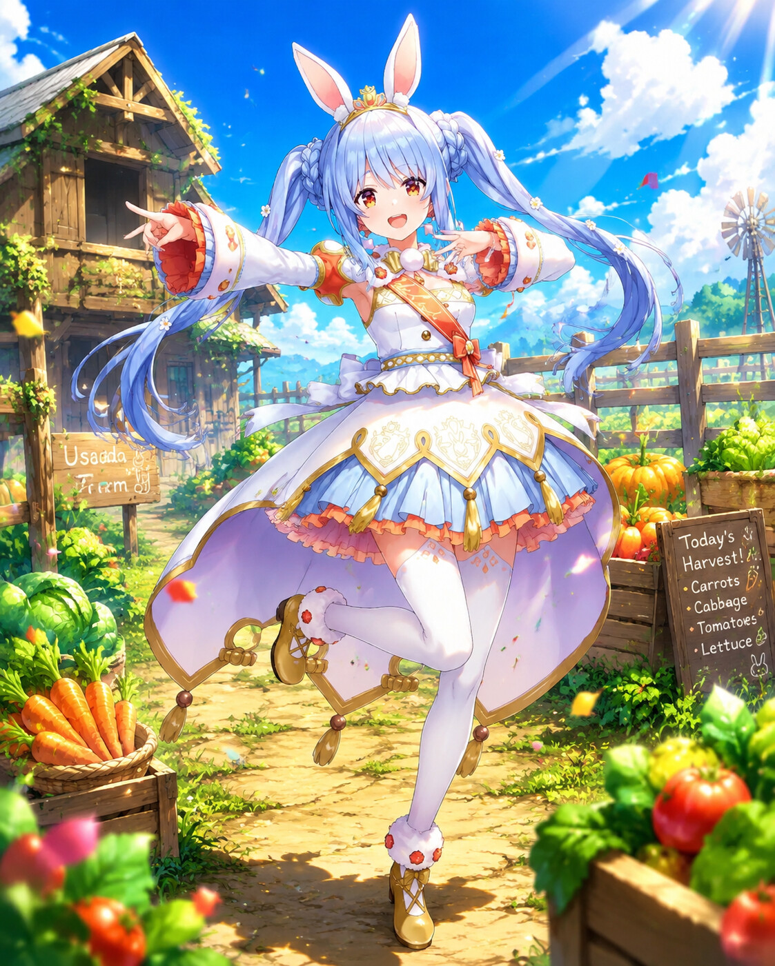 Practicing an idol dance routine at a rustic vegetable farm under midday sun (vibrant anime style)