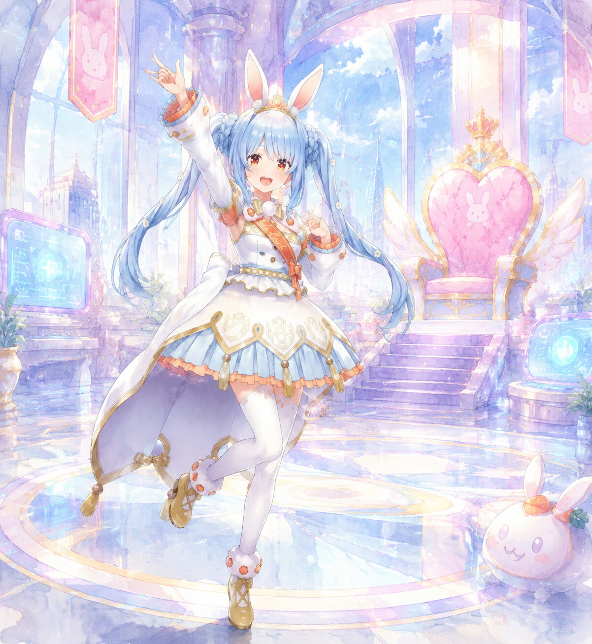 Practicing an idol dance routine in the futuristic throne room of Pekoland (soft watercolor)