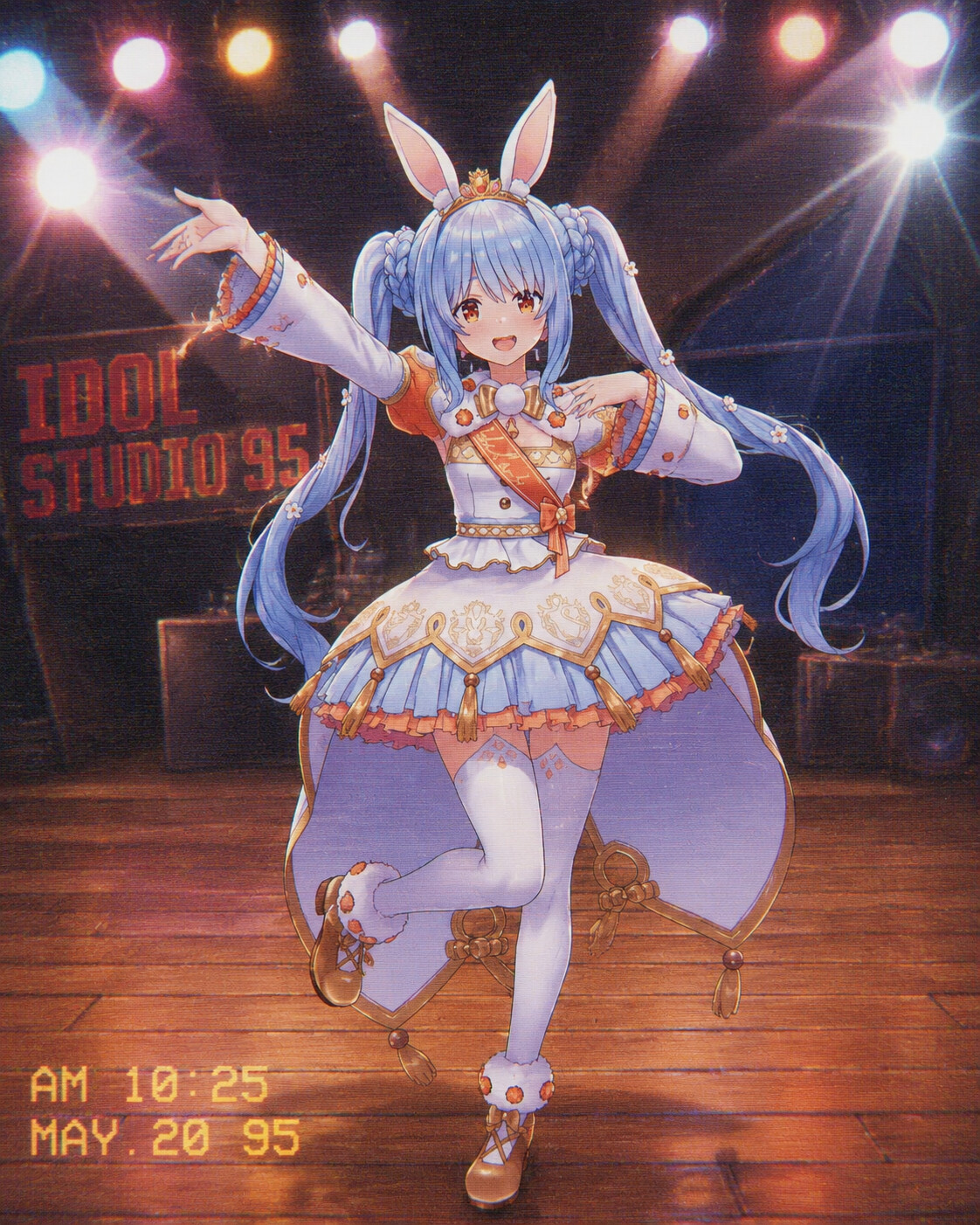 Practicing an idol dance routine on a wooden stage under bright spotlights (retro 90s aesthetic)