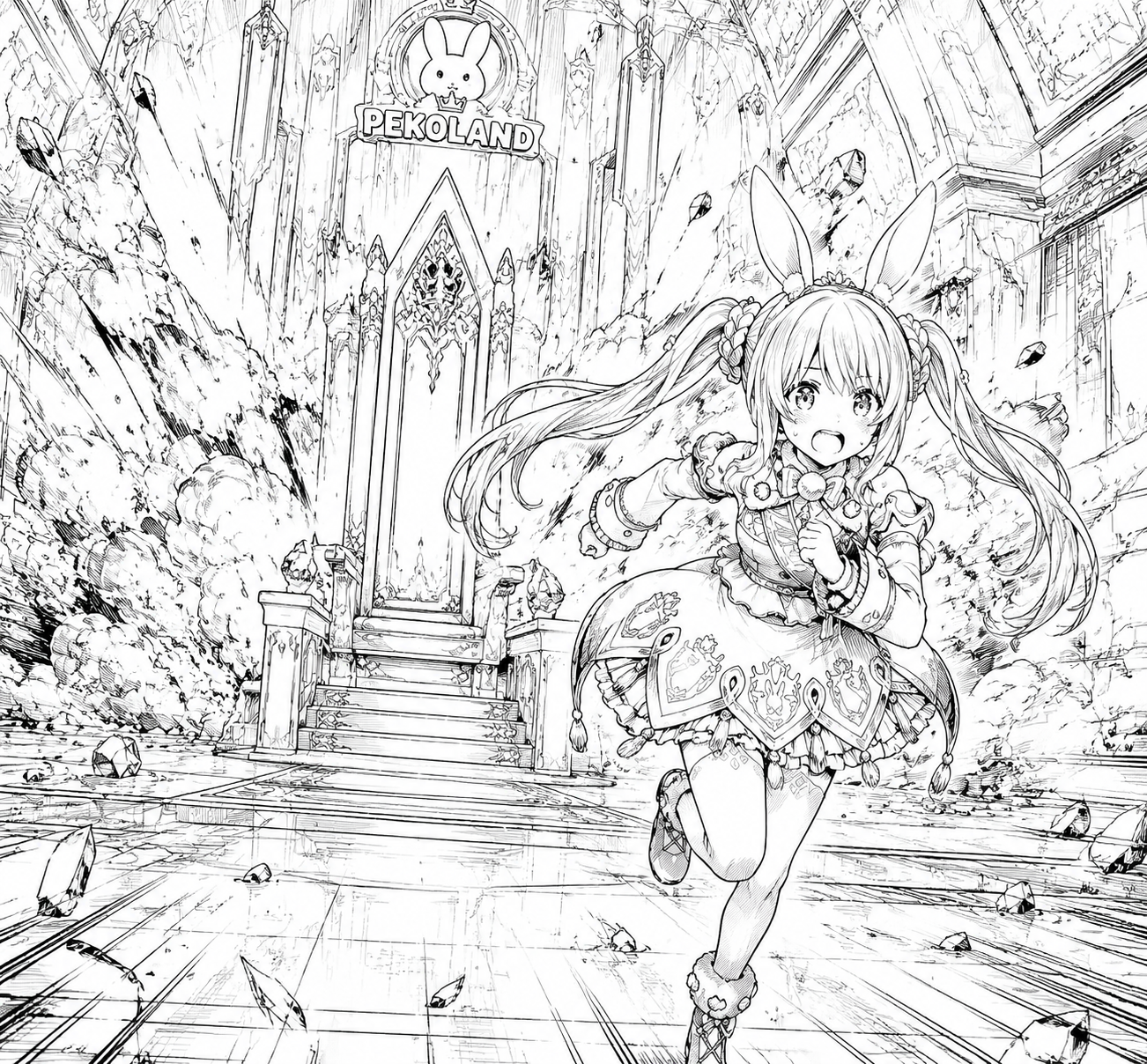 Running away from a massive explosion In the futuristic throne room of Pekoland (monochrome ink sketch, sharp linework)