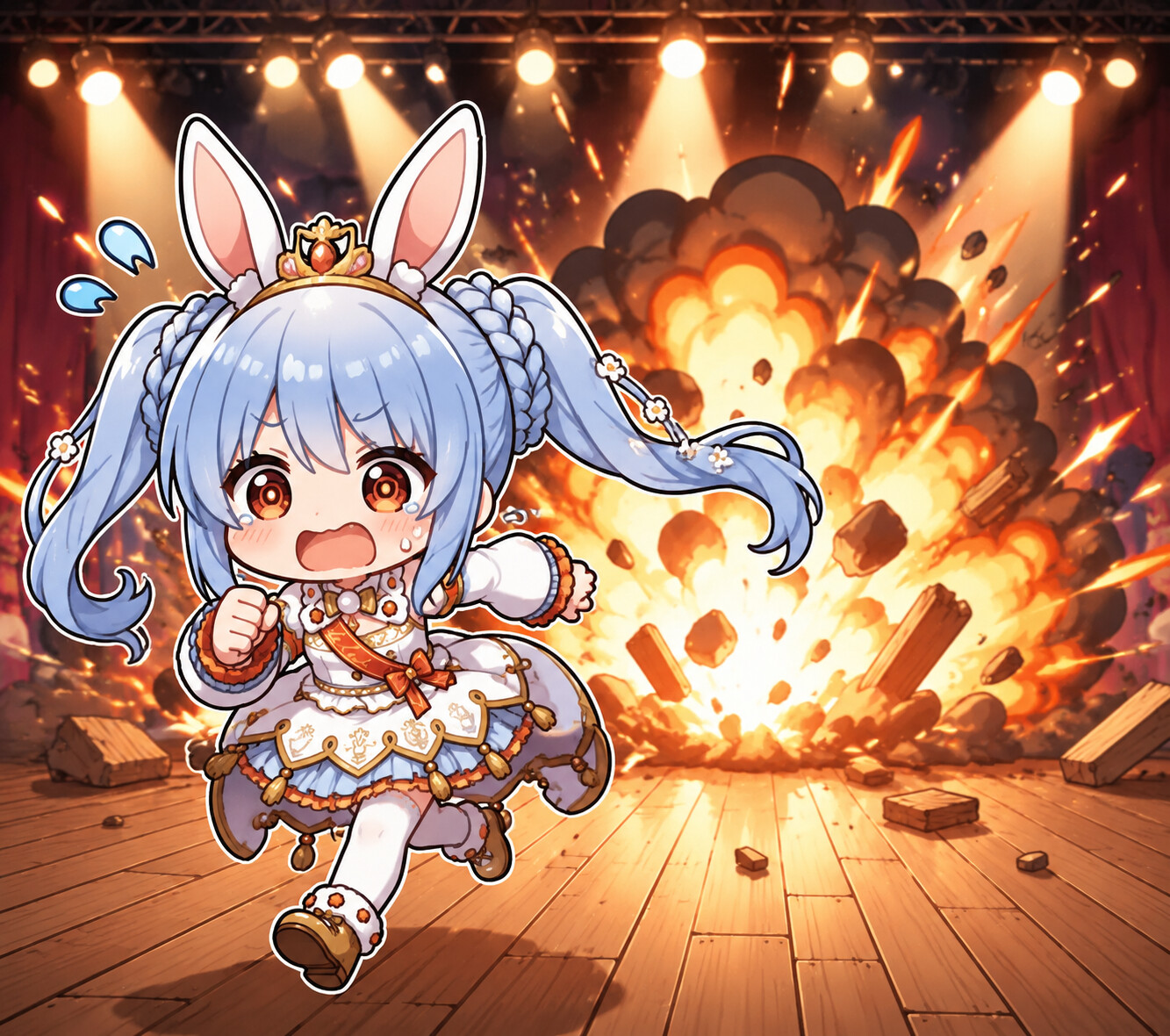Running away from a massive explosion on a wooden stage under bright spotlights (chibi art style)