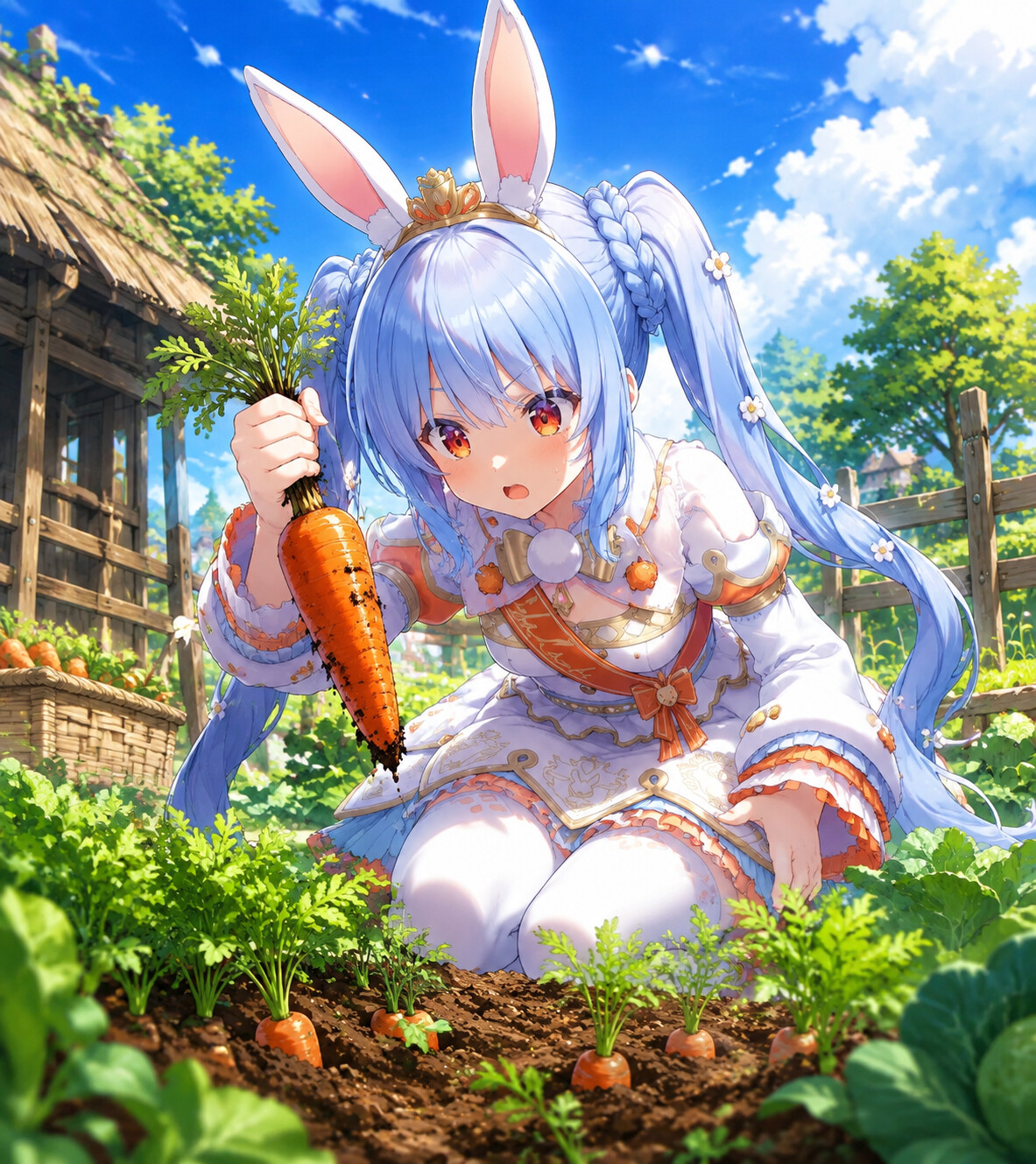 Staring intensely at a carrot at a rustic vegetable farm under midday sun (vibrant anime style)