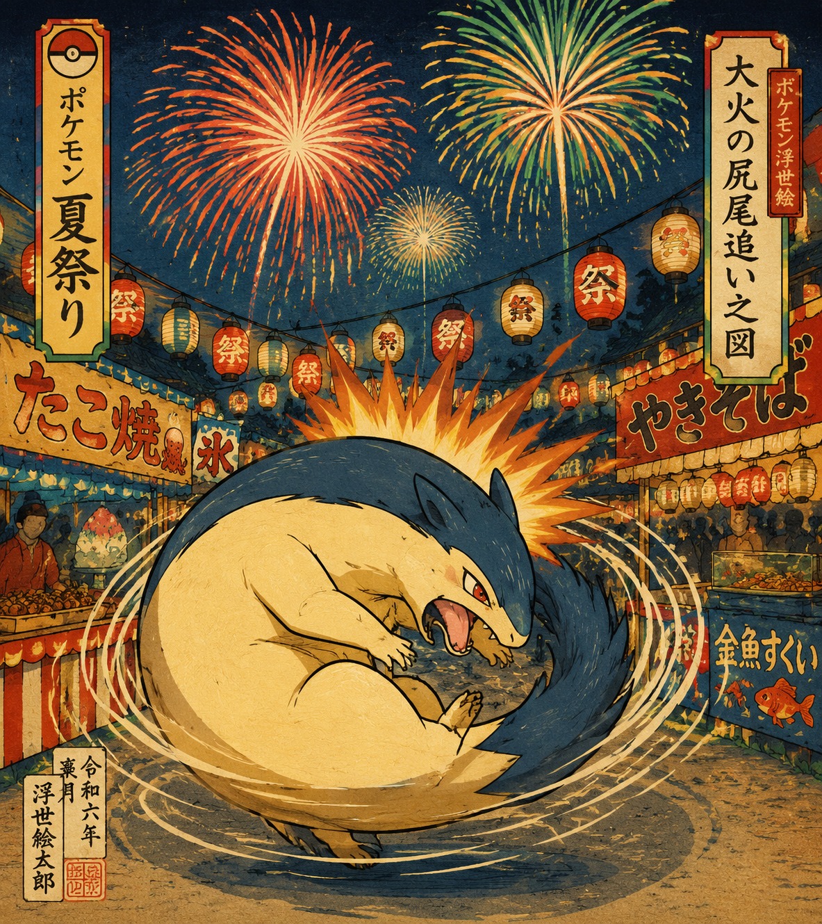 Chasing its own tail in a tight circle At a colorful summer festival with fireworks (vibrant Ukiyo-e woodblock print style)