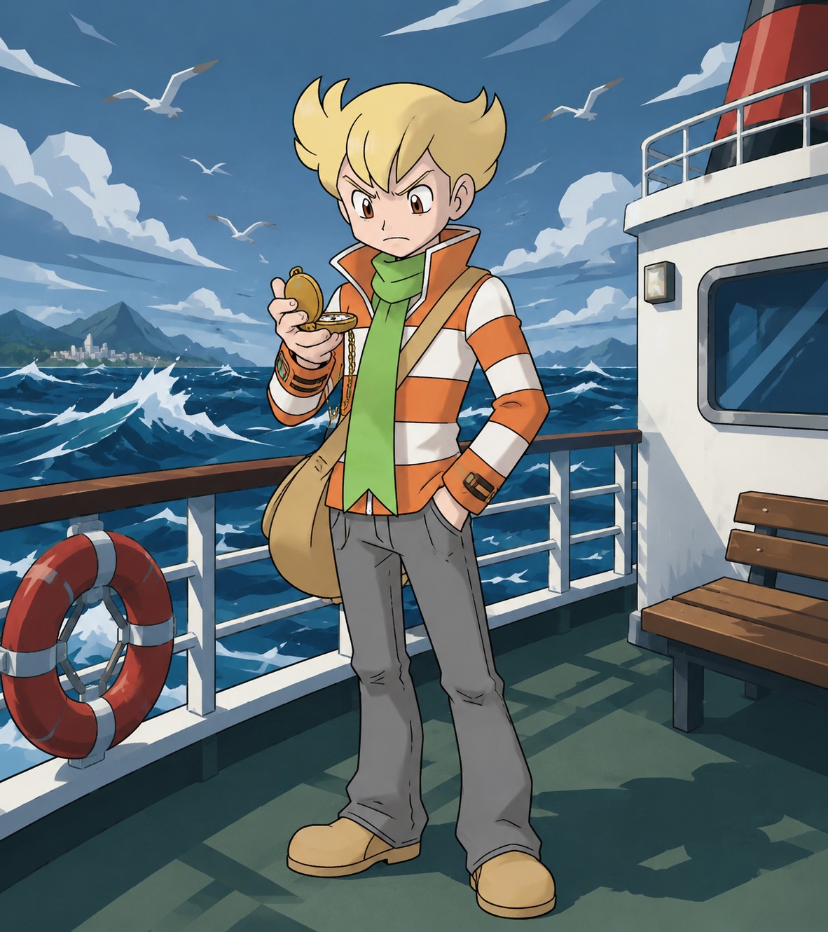 Checking his pocket watch with an annoyed scowl On the deck of a ferry crossing rough waters (crisp vector art with bold geometric shapes)