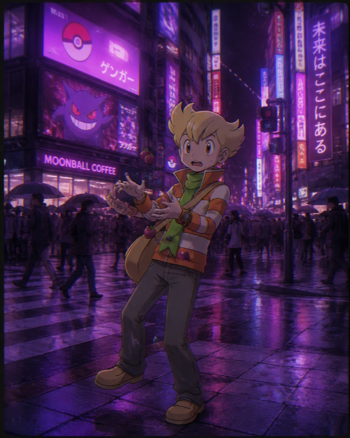 Clumsily trying to juggle a handful of berries On a busy neon-lit street corner in the city (cinematic lo-fi aesthetic with purple neon glows)