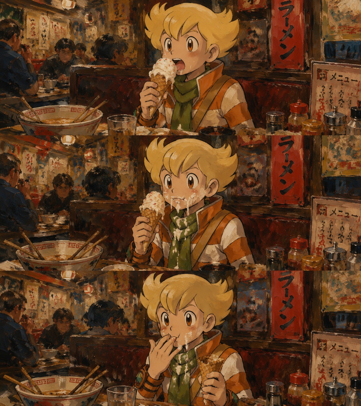 Eating a messy ice cream cone in three bites At a cluttered booth inside a noisy ramen shop (classical oil painting with visible heavy brushstrokes)