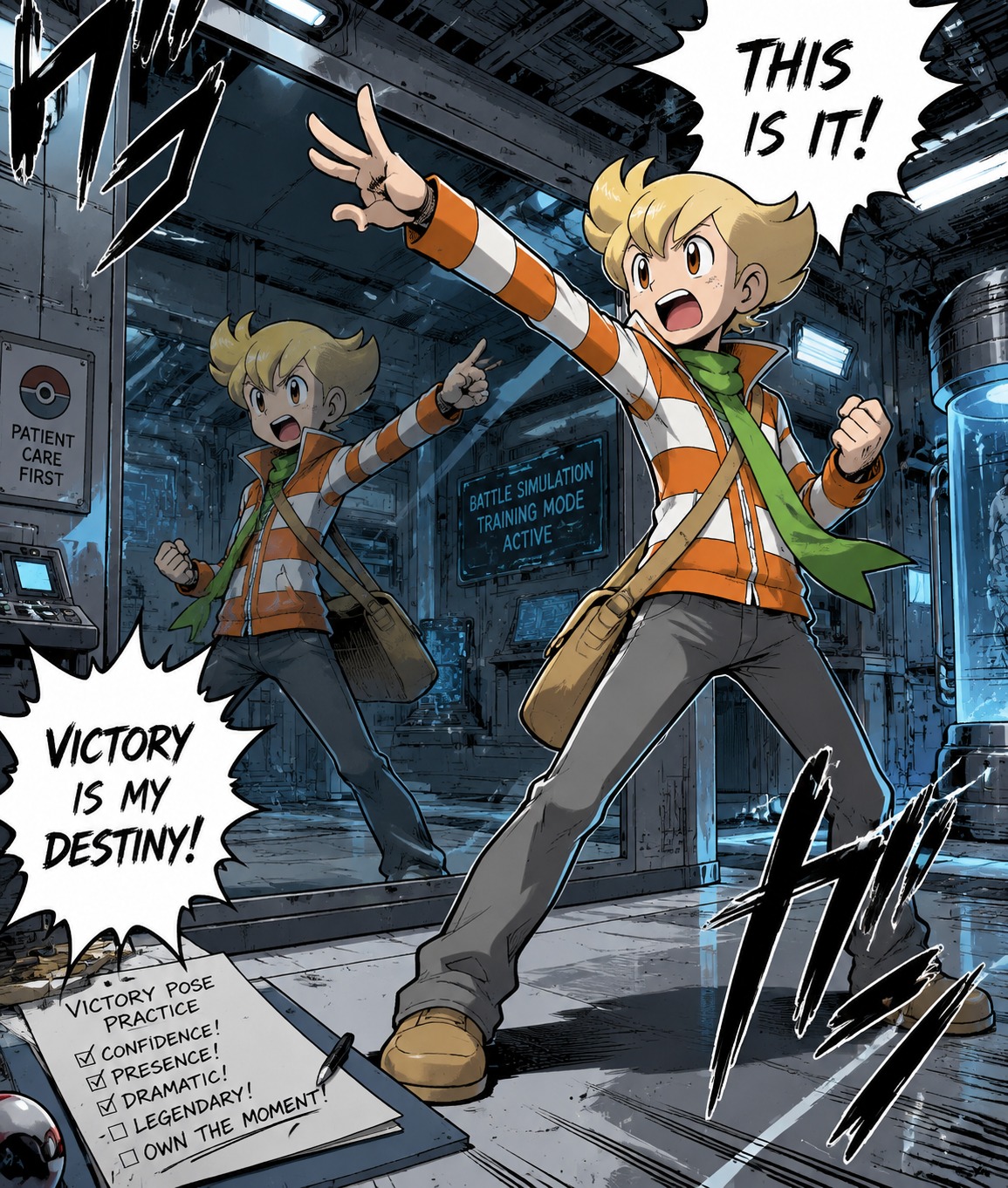 Practicing a dramatic victory pose in front of mirrors In a high-tech medical center under flickering lights (dynamic shonen manga style with thick ink lines)