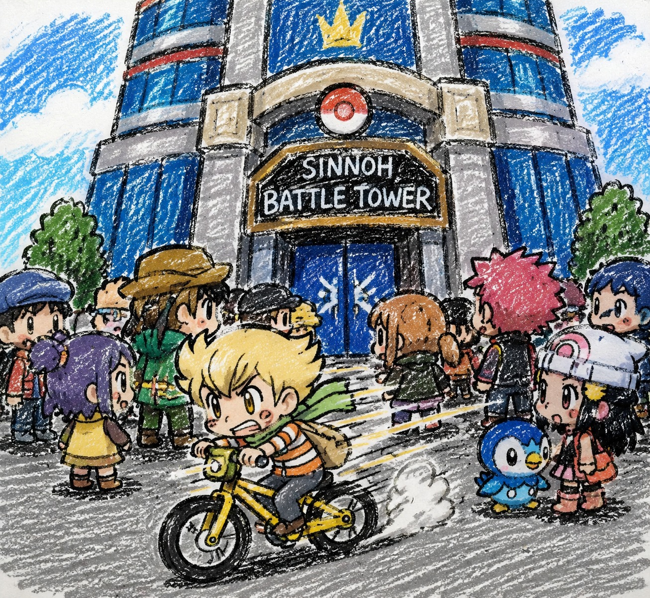 Riding a yellow bicycle at high speeds At the crowded entrance of the Sinnoh Battle Tower (tiny chibi style with thick crayon textures)