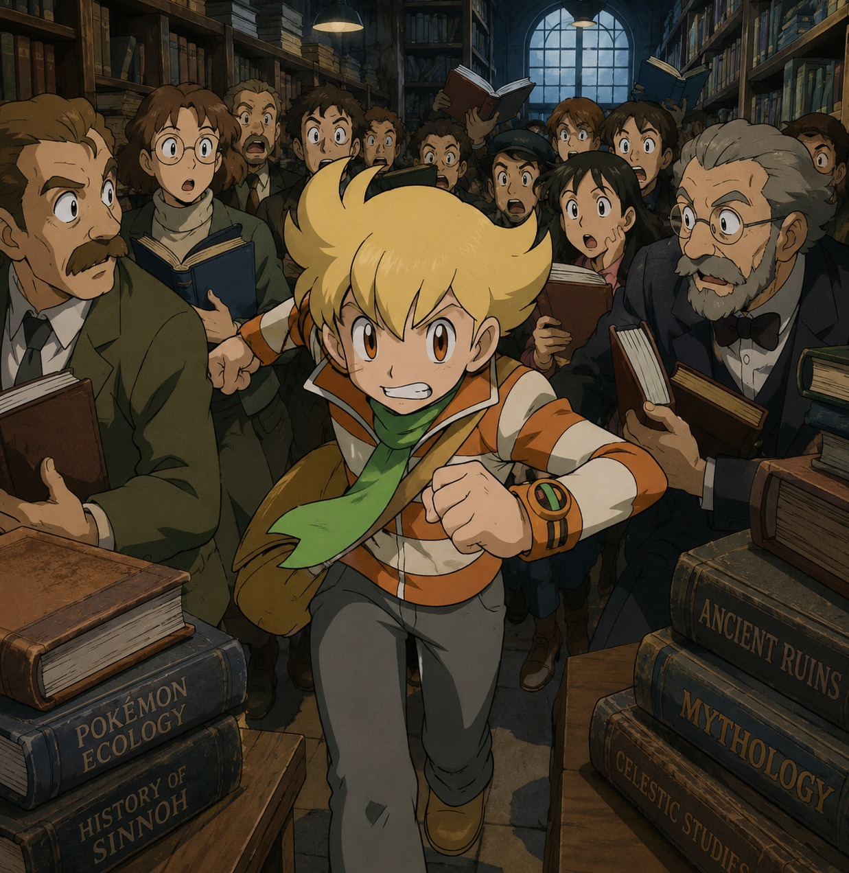 Sprinting headlong into a dense crowd In a quiet library filled with dusty research books (vibrant 90s anime cel shaded art)