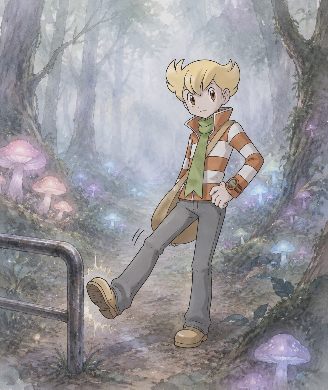 Tapping his foot impatiently against a metal rail In a thick misty forest filled with glowing mushrooms (soft watercolor illustration with pastel tones)