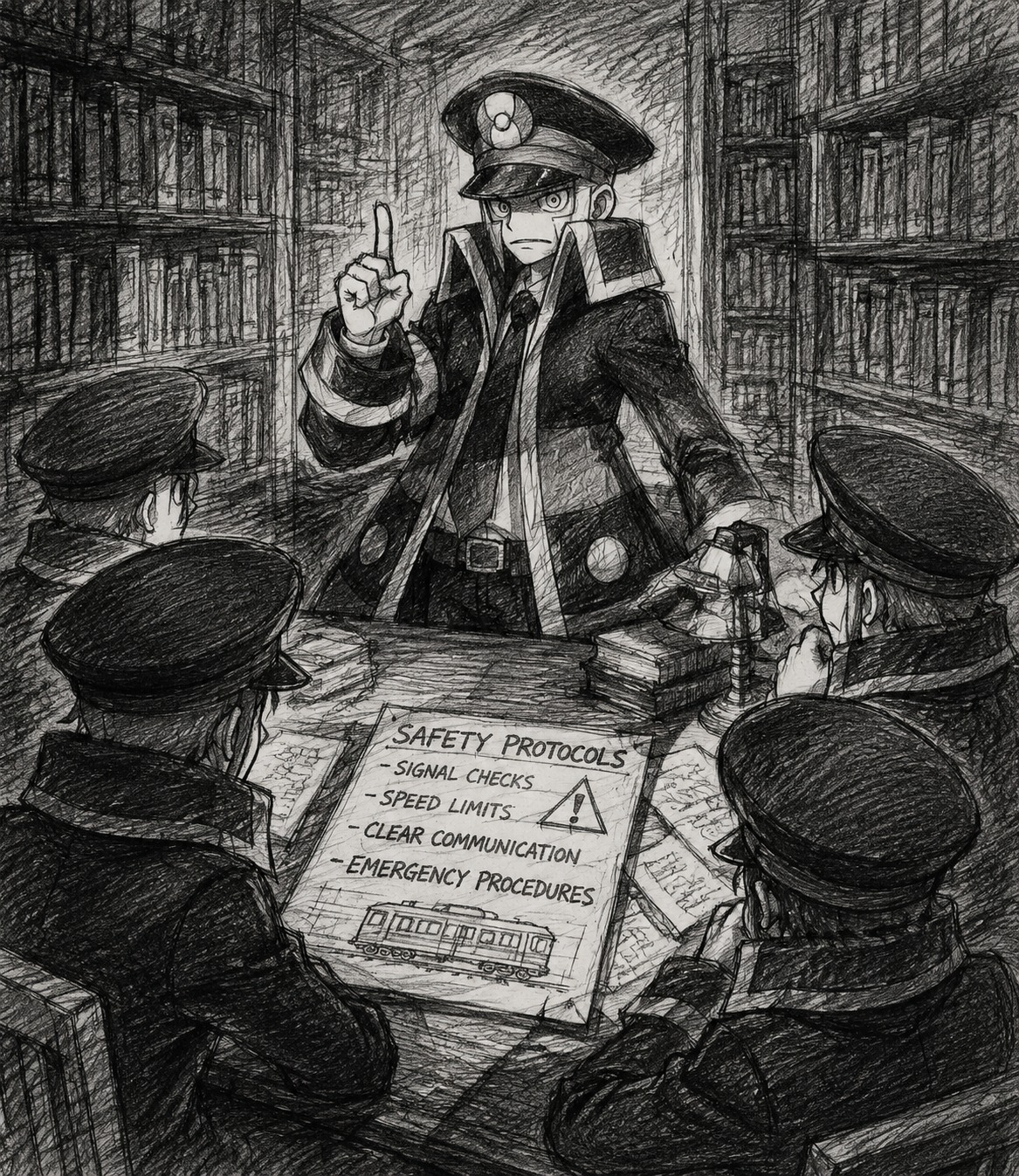 Briefing a team of conductors on safety protocols At a quiet library table surrounded by tall bookshelves (rough charcoal sketch, messy cross-hatching)