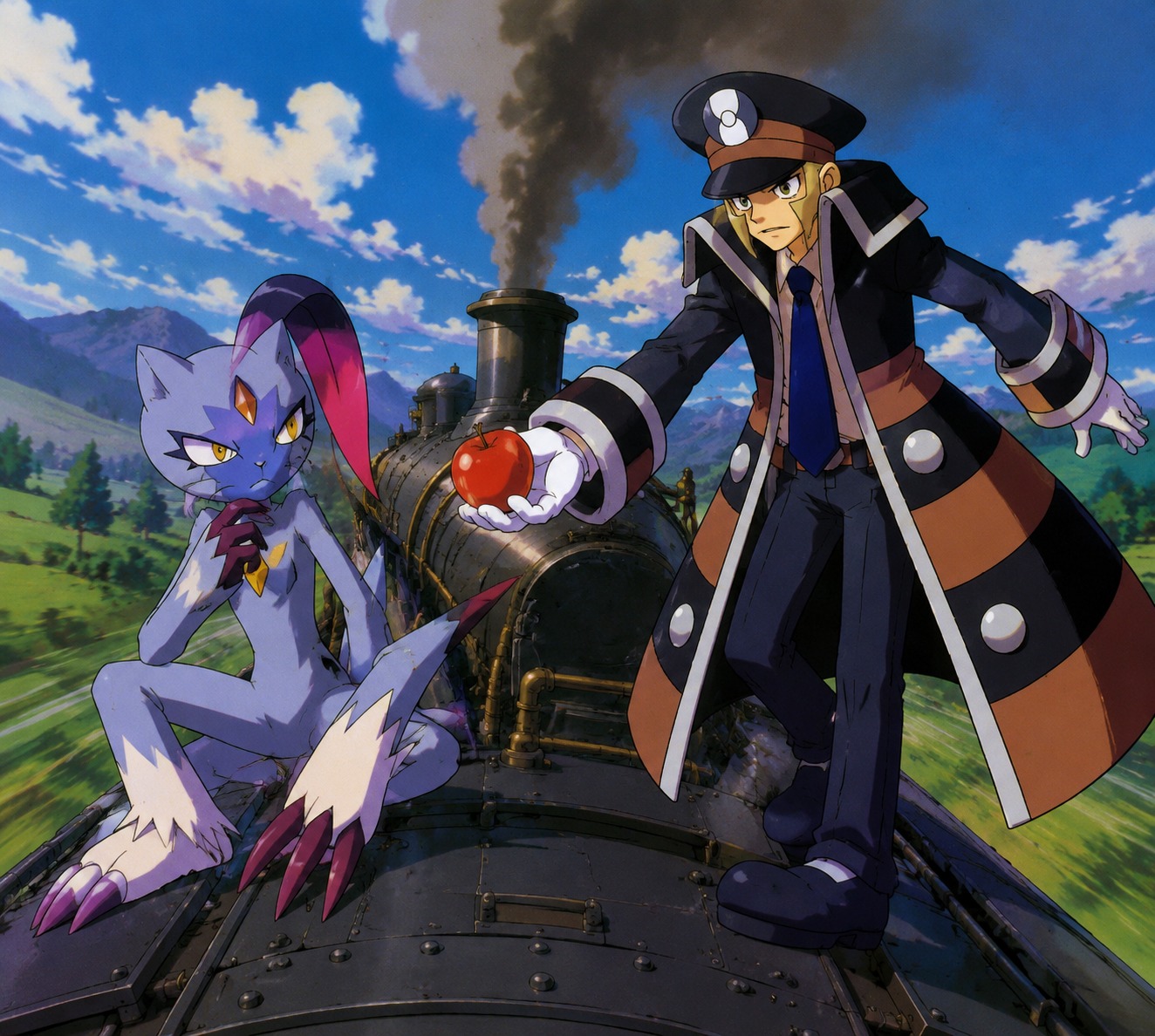 Offering a crisp apple to a wary sneasler On the roof of a speeding steam engine train (90s retro anime style, vibrant cel shading)