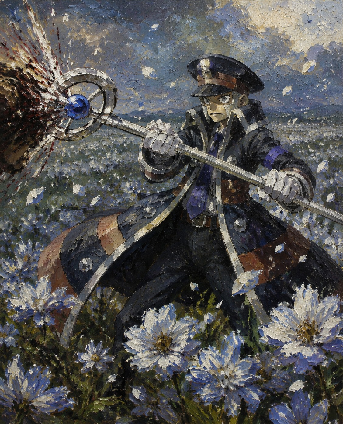 Parrying a blow with his silver warden staff In a field of blooming Glacidea flowers (hyper-realistic oil painting, rich impasto textures)