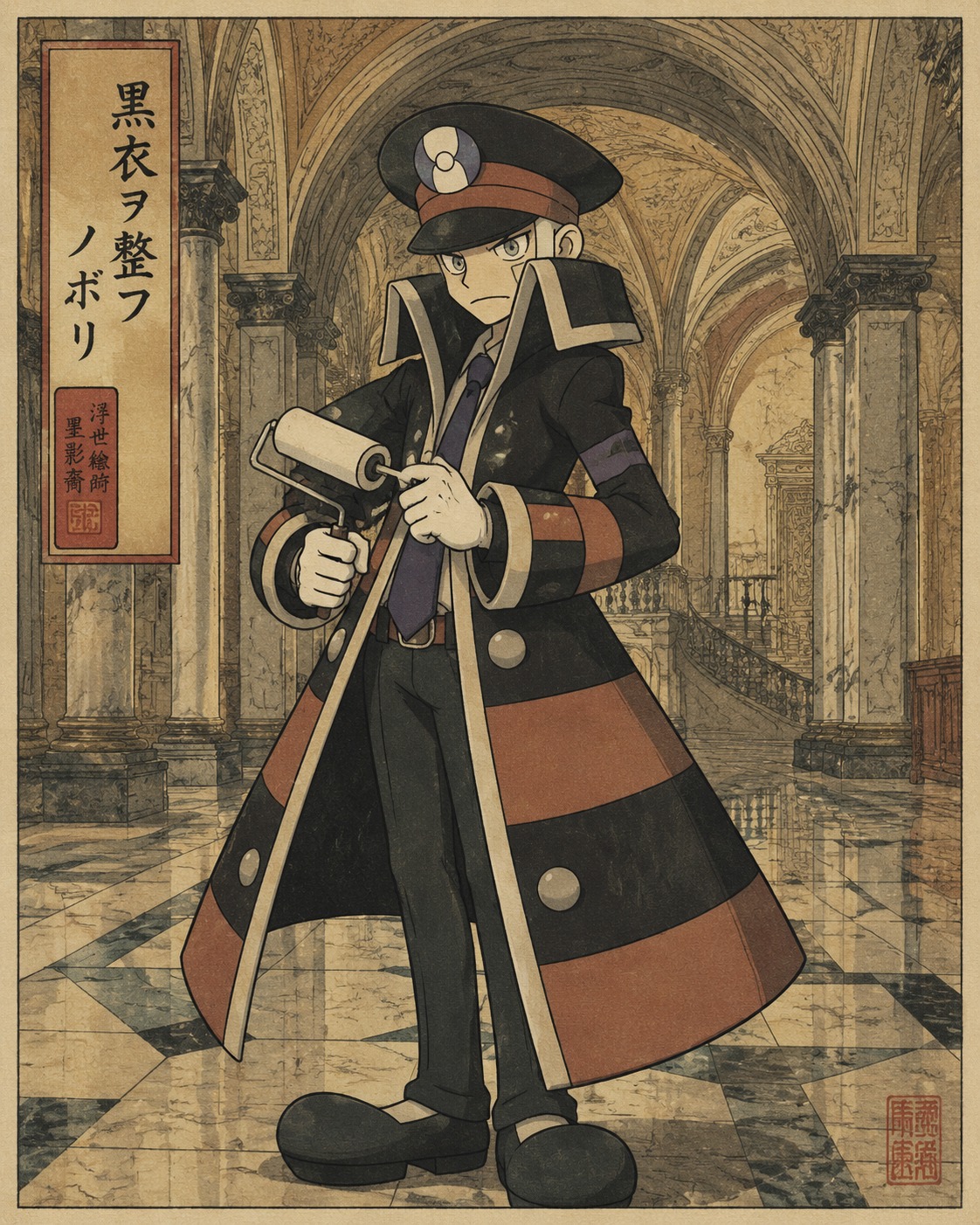 Polishing his black coat with a lint roller In a grand marble hall with high vaulted ceilings (traditional Japanese woodblock print, muted earthy tones)