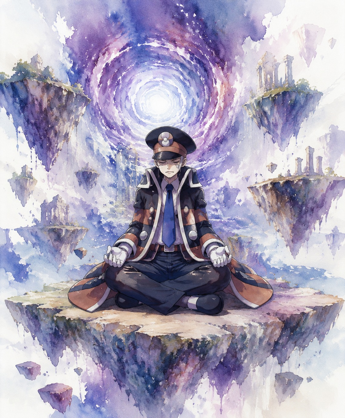Sitting perfectly still in a meditative posture In a distortion world rift with floating islands (ethereal watercolor painting, soft bleeding edges)