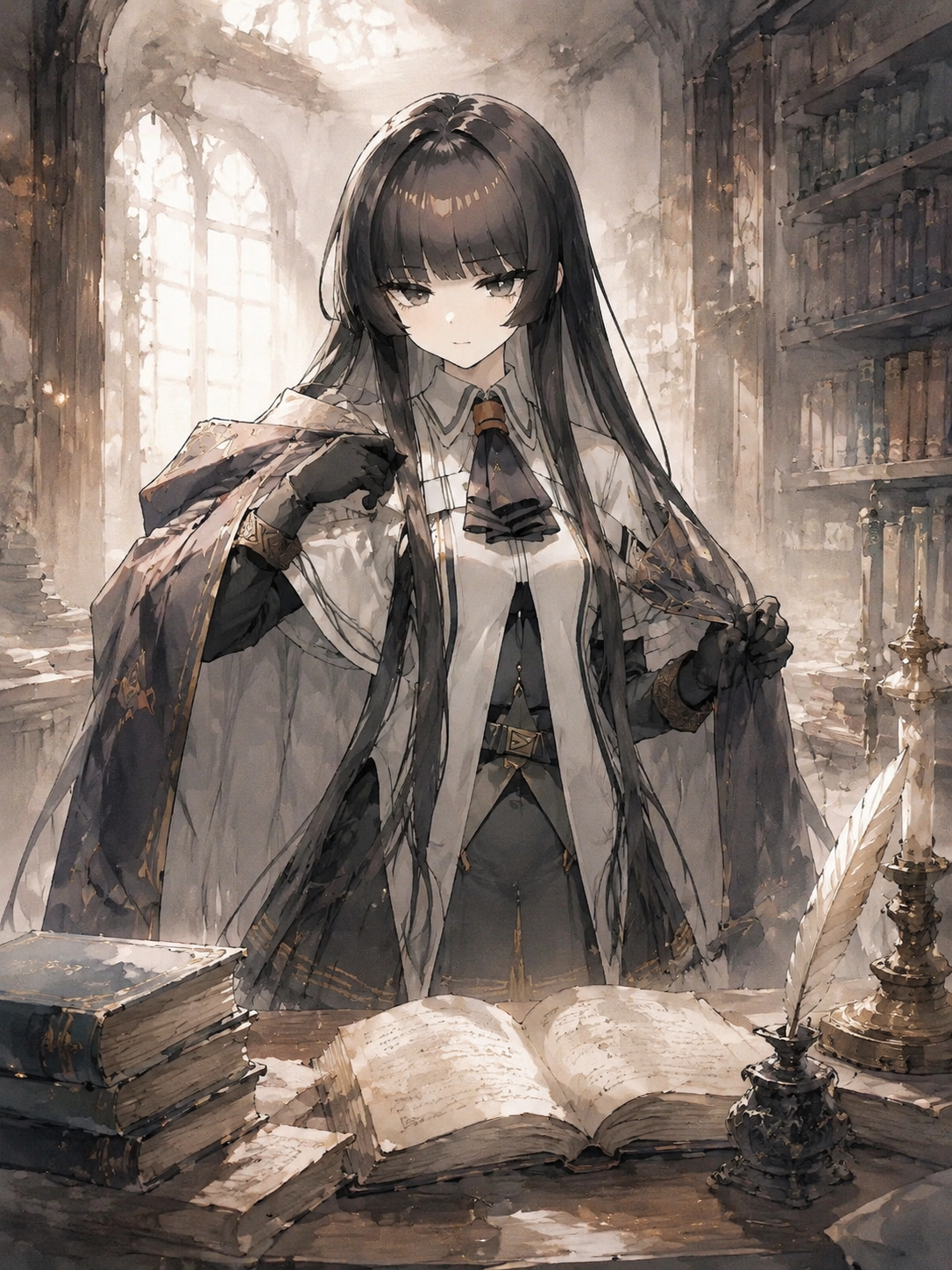 Adjusting her heavy traveling cloak At a dusty library desk (soft watercolor, ethereal lighting)