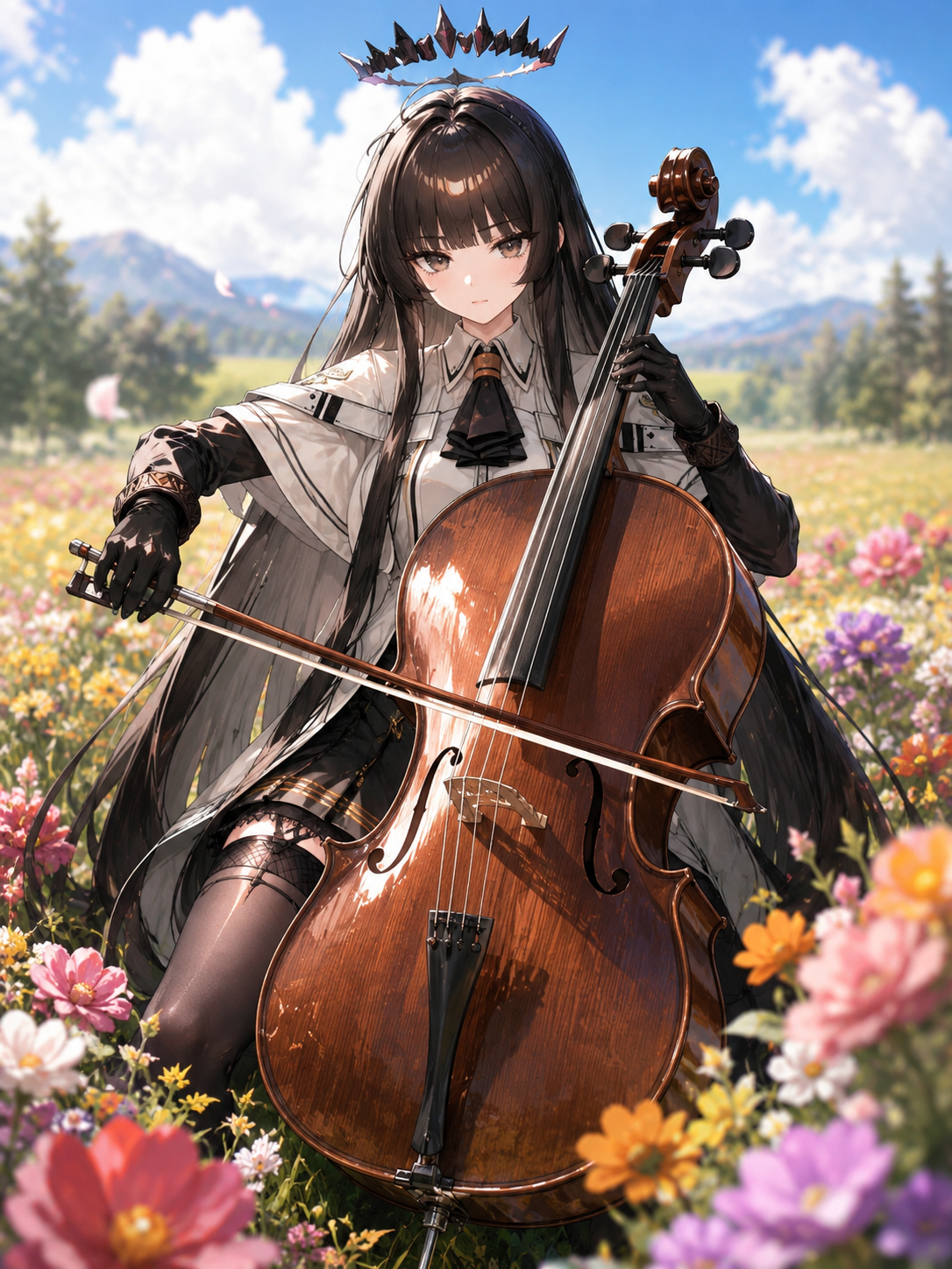 Drawing a bow across cello strings In a vibrant flower field under midday sun (hyper-realistic digital portrait, sharp focus)