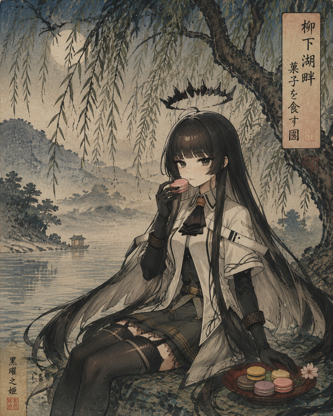 Eating a colorful macaron with elegance At a misty lake under a willow tree (Ukiyo-e woodblock print style)