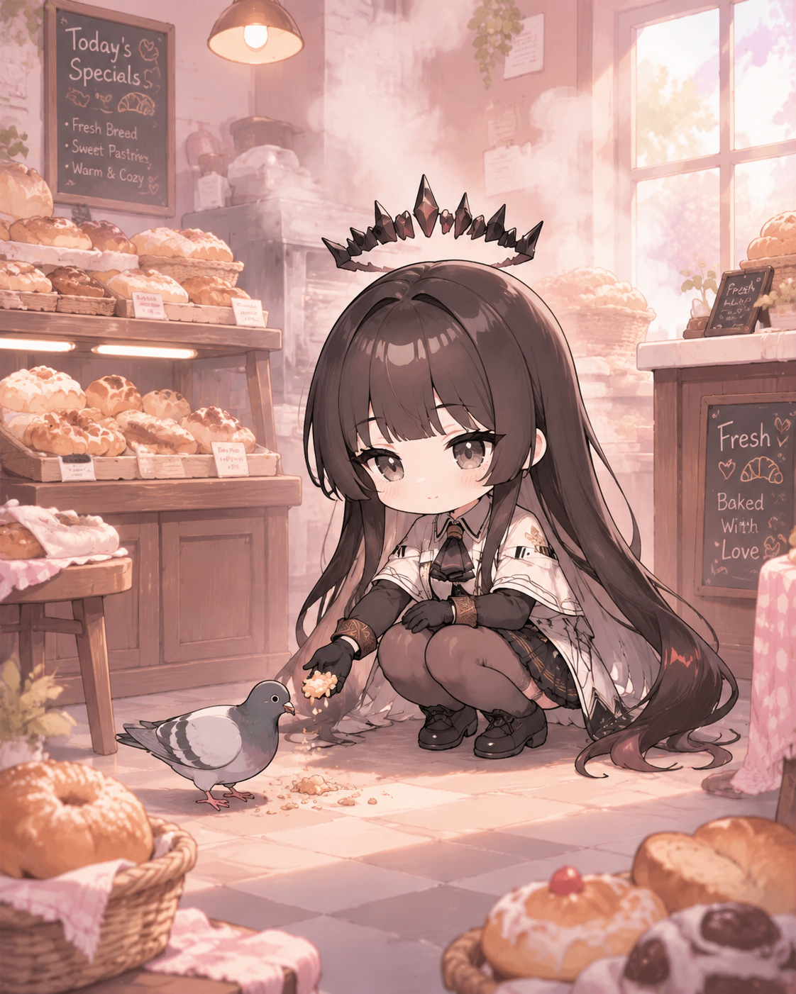 Feeding crumbs to a stray pigeon In a cozy bakery filled with steam (chibi cute, pastel aesthetics)