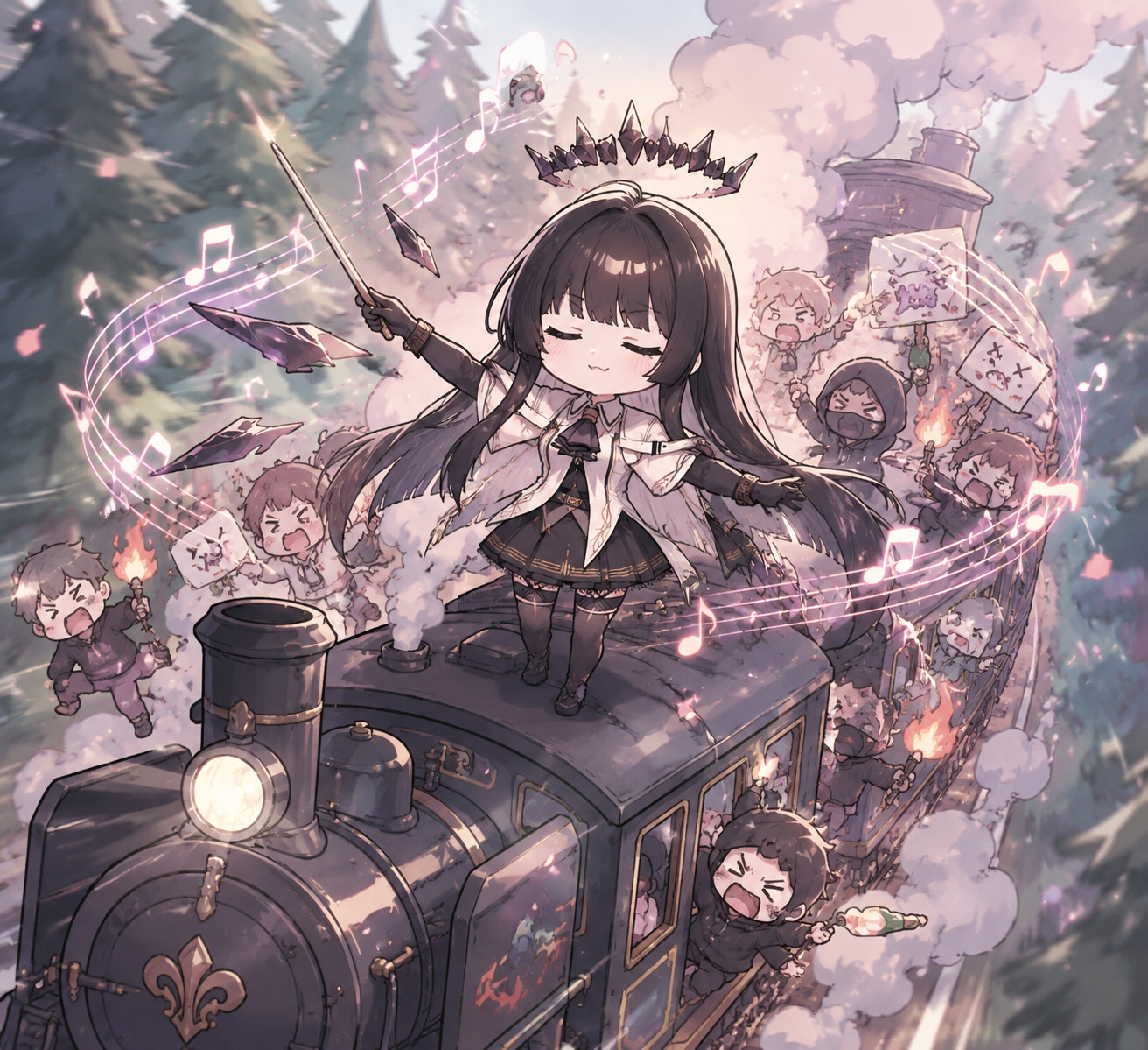 Orchestrating a chaotic riot with a melody On a moving train speeding through a forest (chibi cute, pastel aesthetics)