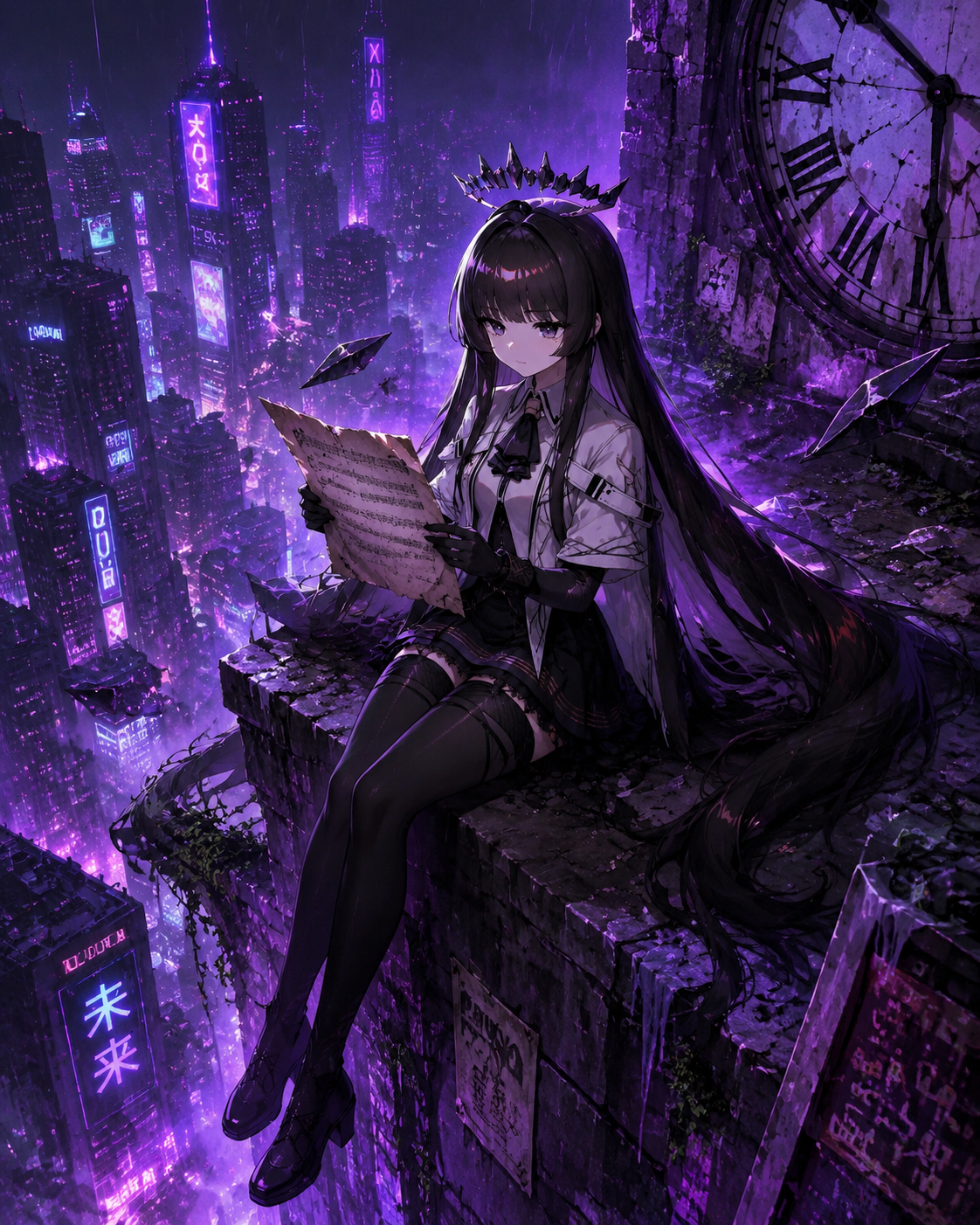 Reading a weathered musical score At the edge of a crumbling clocktower (cyberpunk neon, vibrant purple hues)