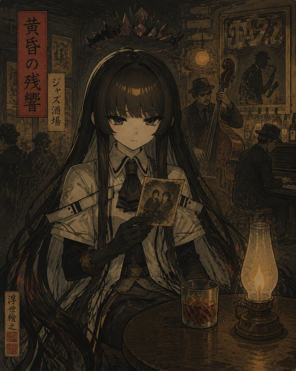 Staring blankly at a fading photograph At a dimly lit jazz bar (Ukiyo-e woodblock print style)