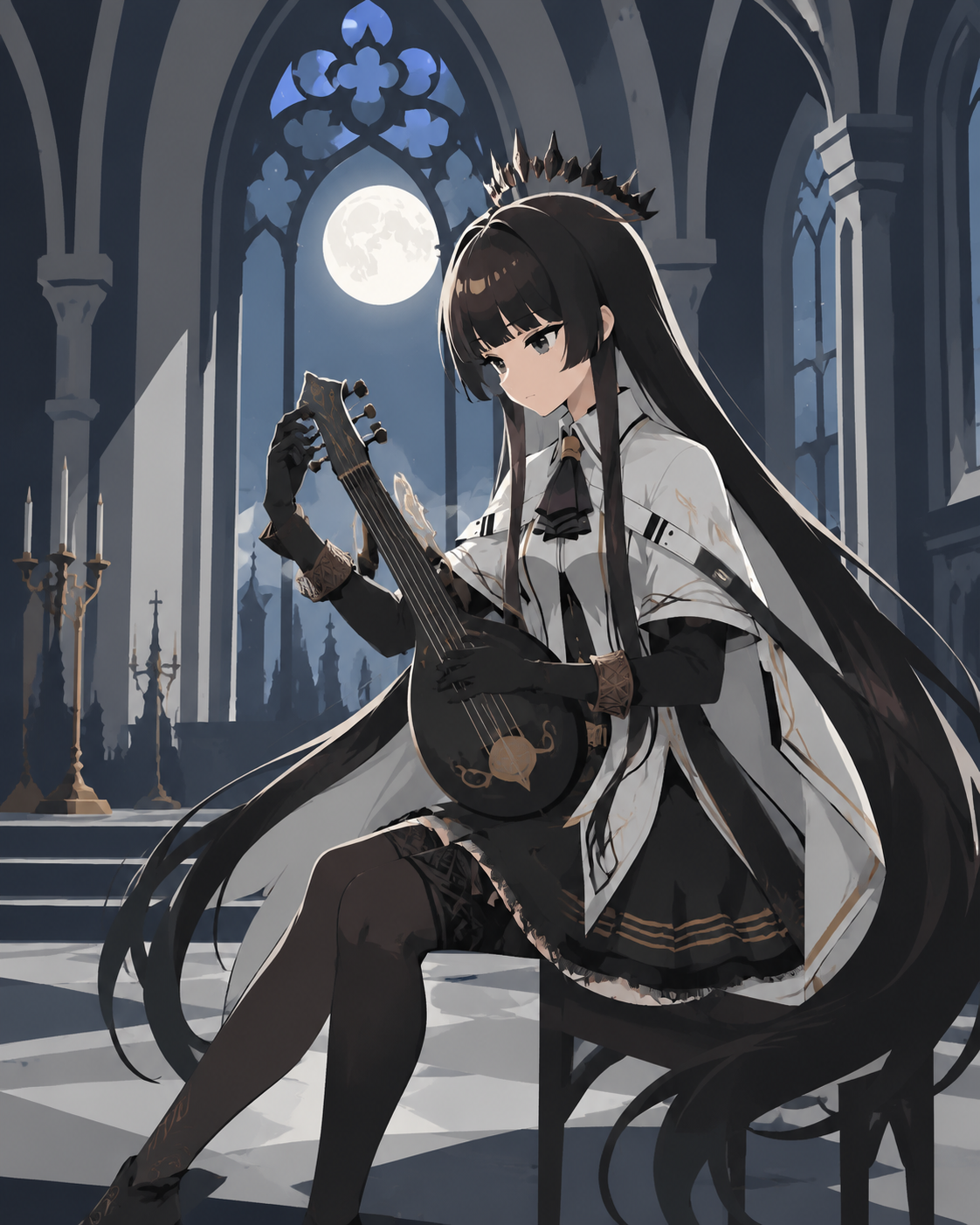 Tuning her instrument with focused precision In a grand cathedral bathed in moonlight (minimalist vector art, flat colors)