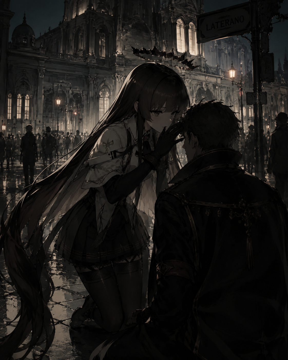 Whispering forbidden truths to a kneeling listener On a busy street corner in Laterano (cinematic noir, dramatic shadows)
