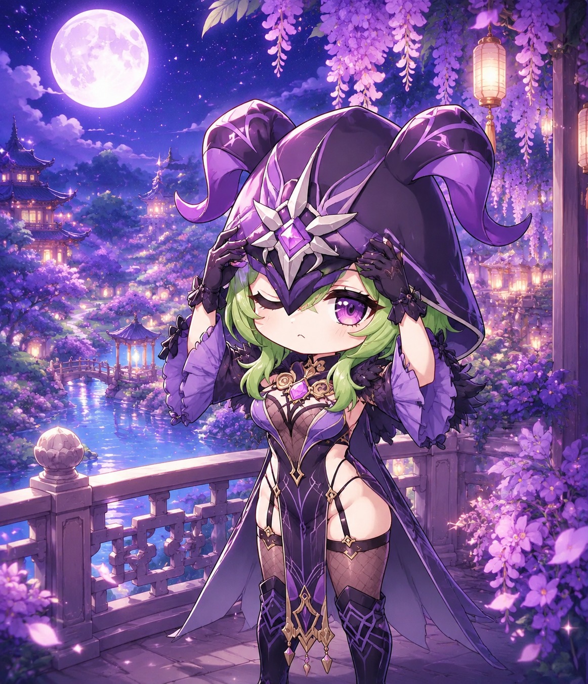 Adjusting her ornate purple mask On a balcony overlooking a moonlit garden (chibi cute, vibrant pastel colors)