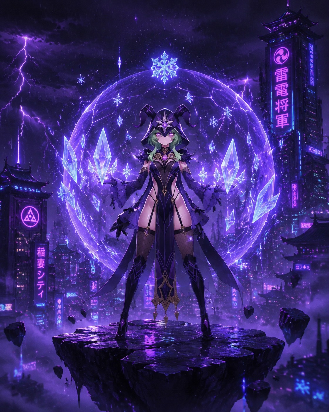 Channeling a powerful shield of cryo energy On a floating rock overlooking Inazuma's thunderstorms (cyberpunk neon, electric violet glows)