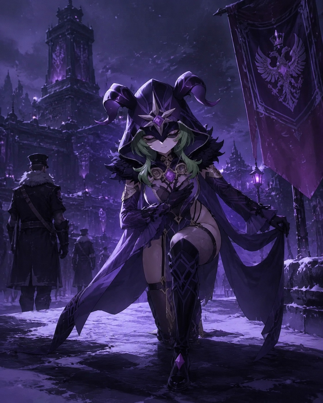 Practicing a graceful curtsey At a snowy Snezhnayan military outpost (cinematic noir, dramatic purple shadows)