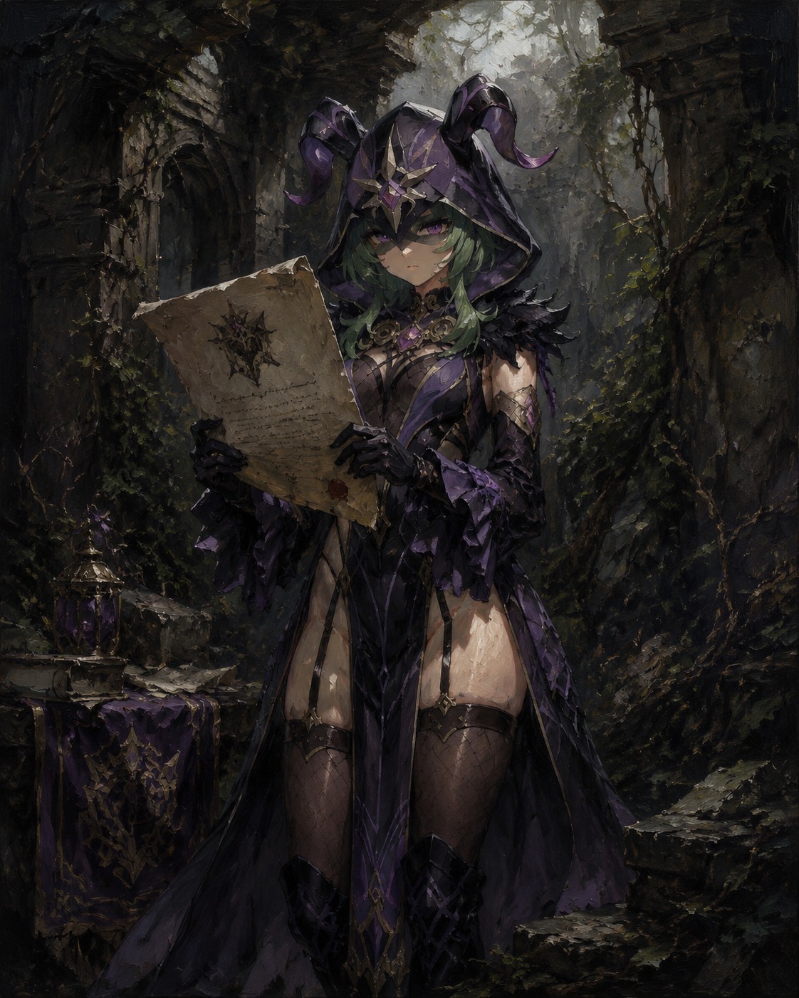 Reading a confidential fatui scroll In a forgotten ruin overgrown with vines (gothic oil painting, heavy brushstrokes)