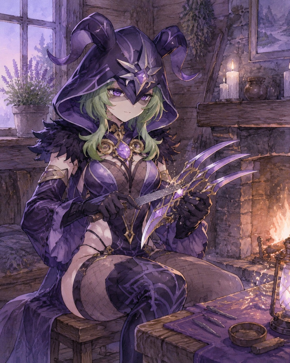 Sharpening her metallic claws At a cozy hearth inside a wooden cabin (watercolor anime, soft lavender lighting)