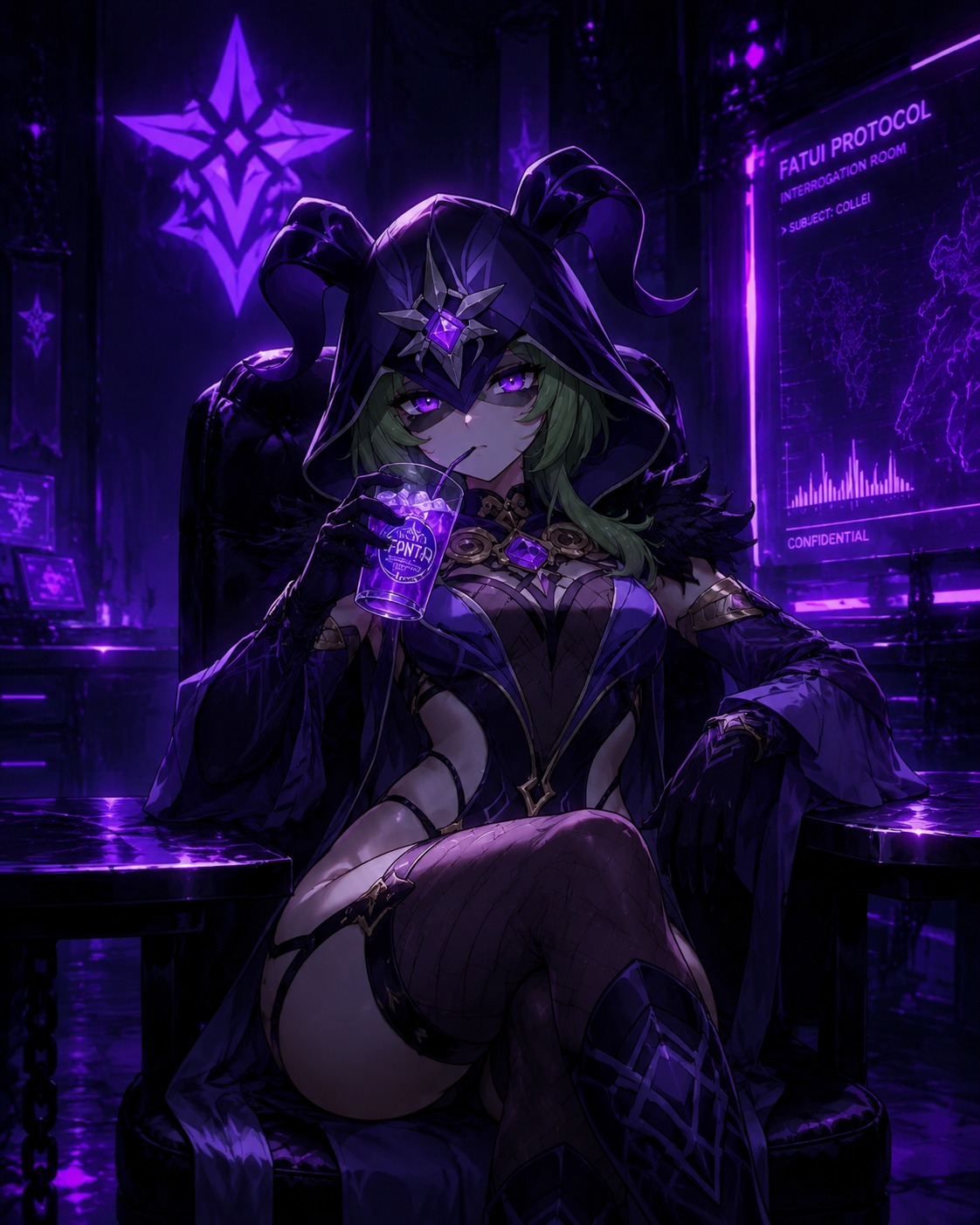 Sipping a glass of chilled fonta In a dimly lit Fatui interrogation room (cyberpunk neon, electric violet glows)