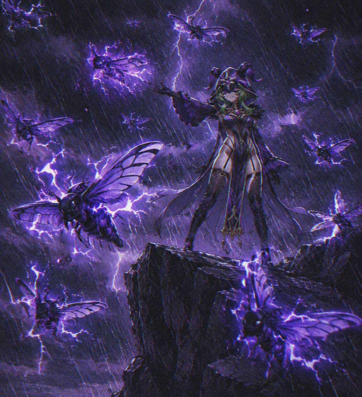 Summoning a swarm of crackling lightning cicins On a high cliff during a torrential downpour (retro 90s aesthetic, lo-fi grainy texture)