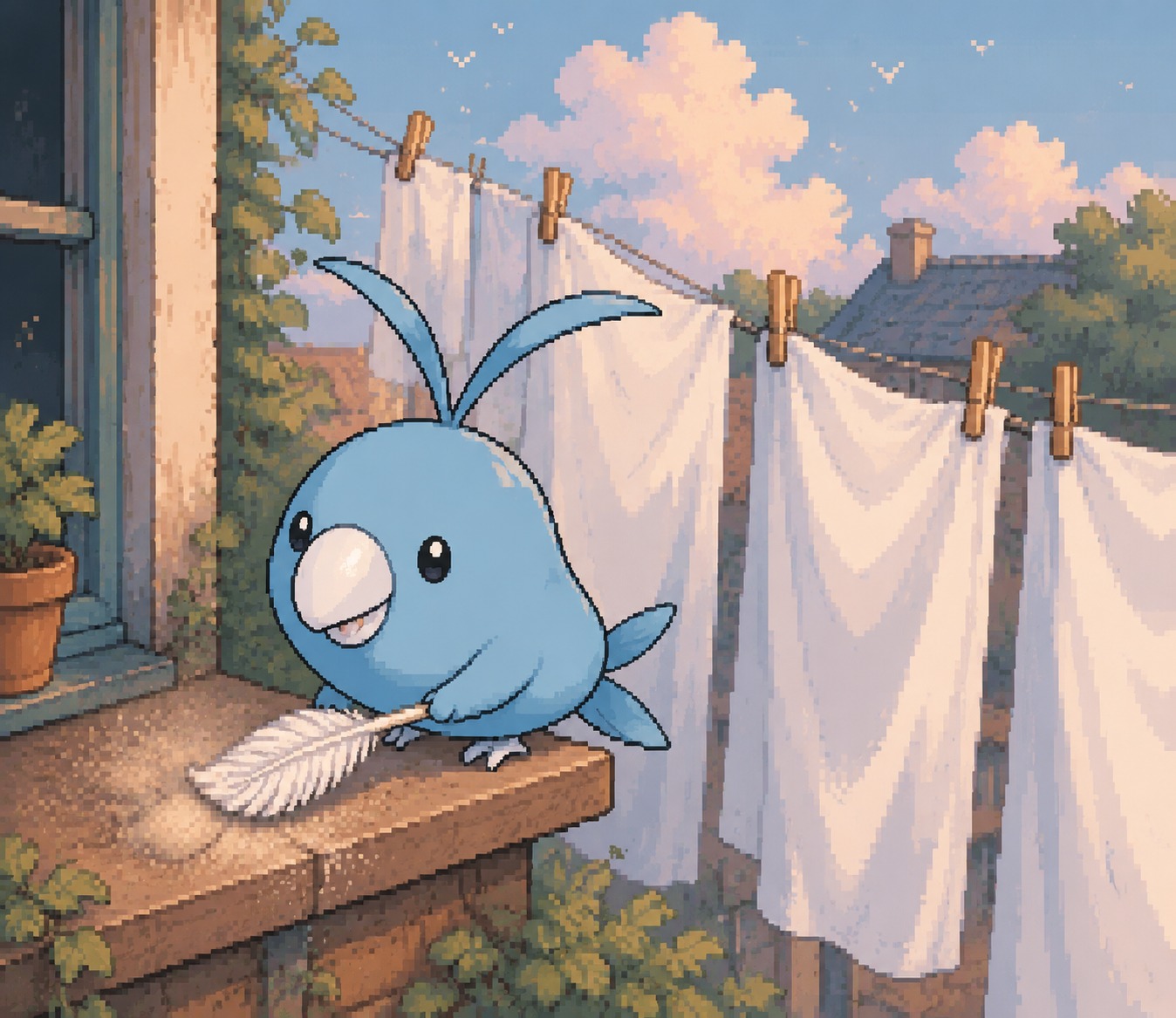 Cleaning a dusty windowsill with soft feathers On a laundry line full of white sheets (lo-fi pixel art, cozy aesthetic colors)
