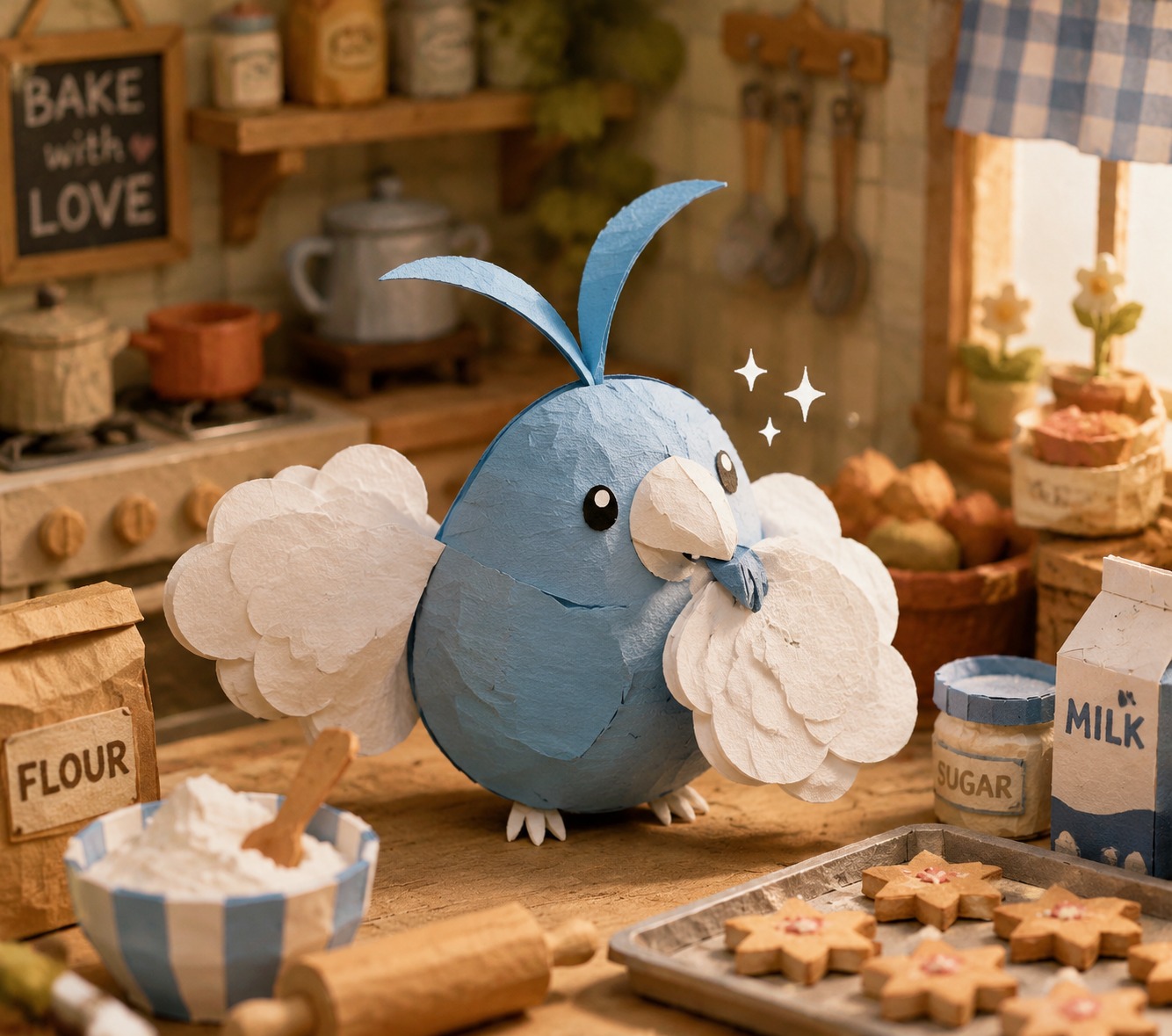 Polishing its cottony wings with a tiny beak In a cozy kitchen filled with baking scents (chibi papercraft, handcrafted textures and depth)