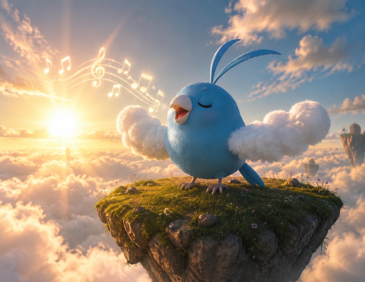 Singing a melodic tune to the rising sun On a floating island among the clouds (cinematic 3D render, realistic feathers and sunlight)