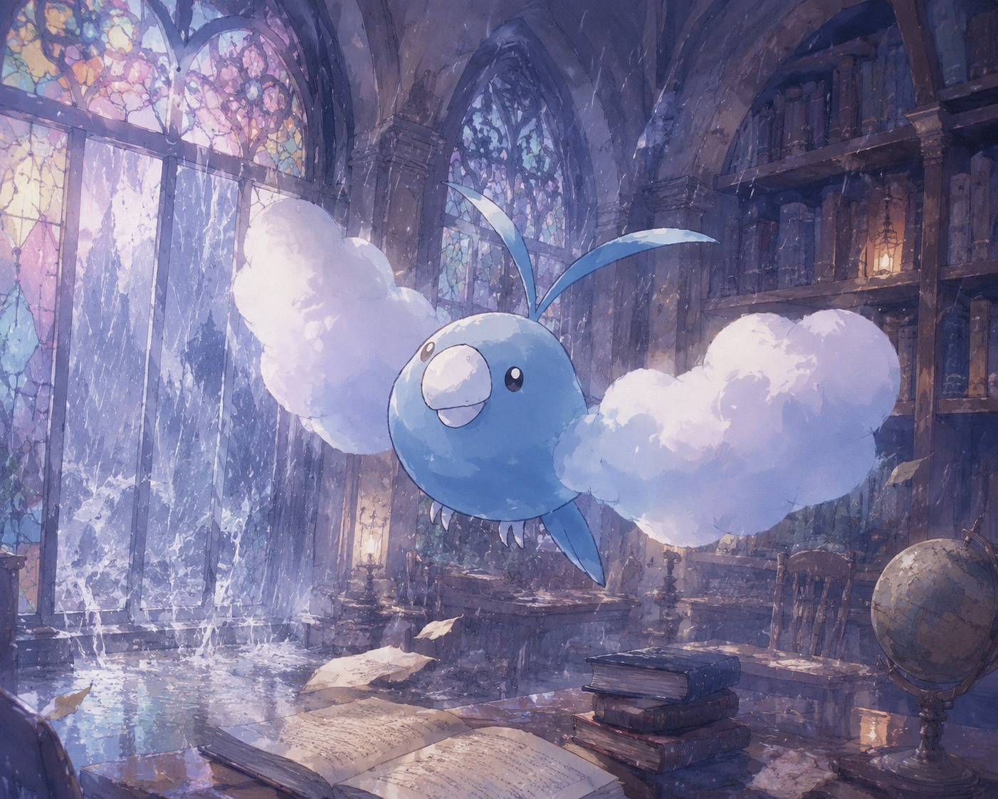 Swooping through a sudden heavy rainstorm In a quiet library with stained glass windows (watercolor anime, soft pastel lighting)