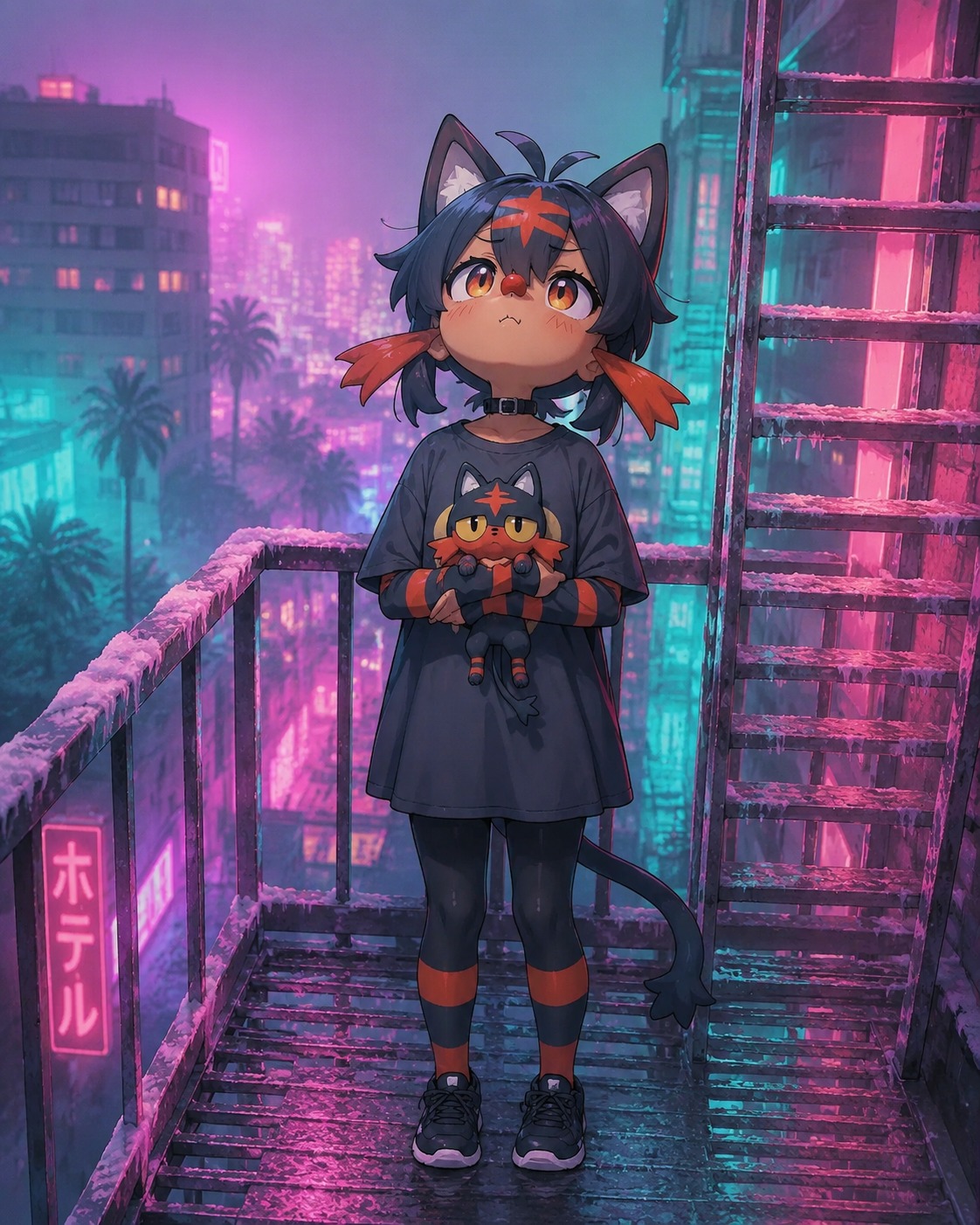 Balancing a red berry on its nose On a frosty metal fire escape (vaporwave aesthetic, pink and teal lighting)