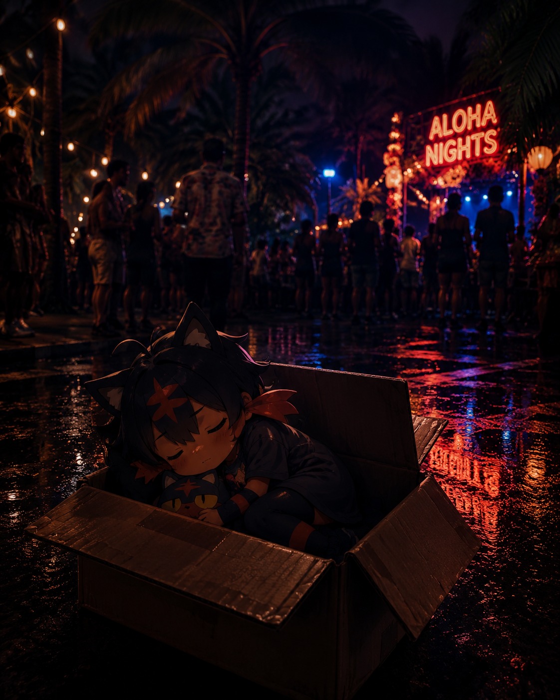Napping inside a small cardboard box At a bustling tropical festival at night (dark cinematic noir, heavy shadows)