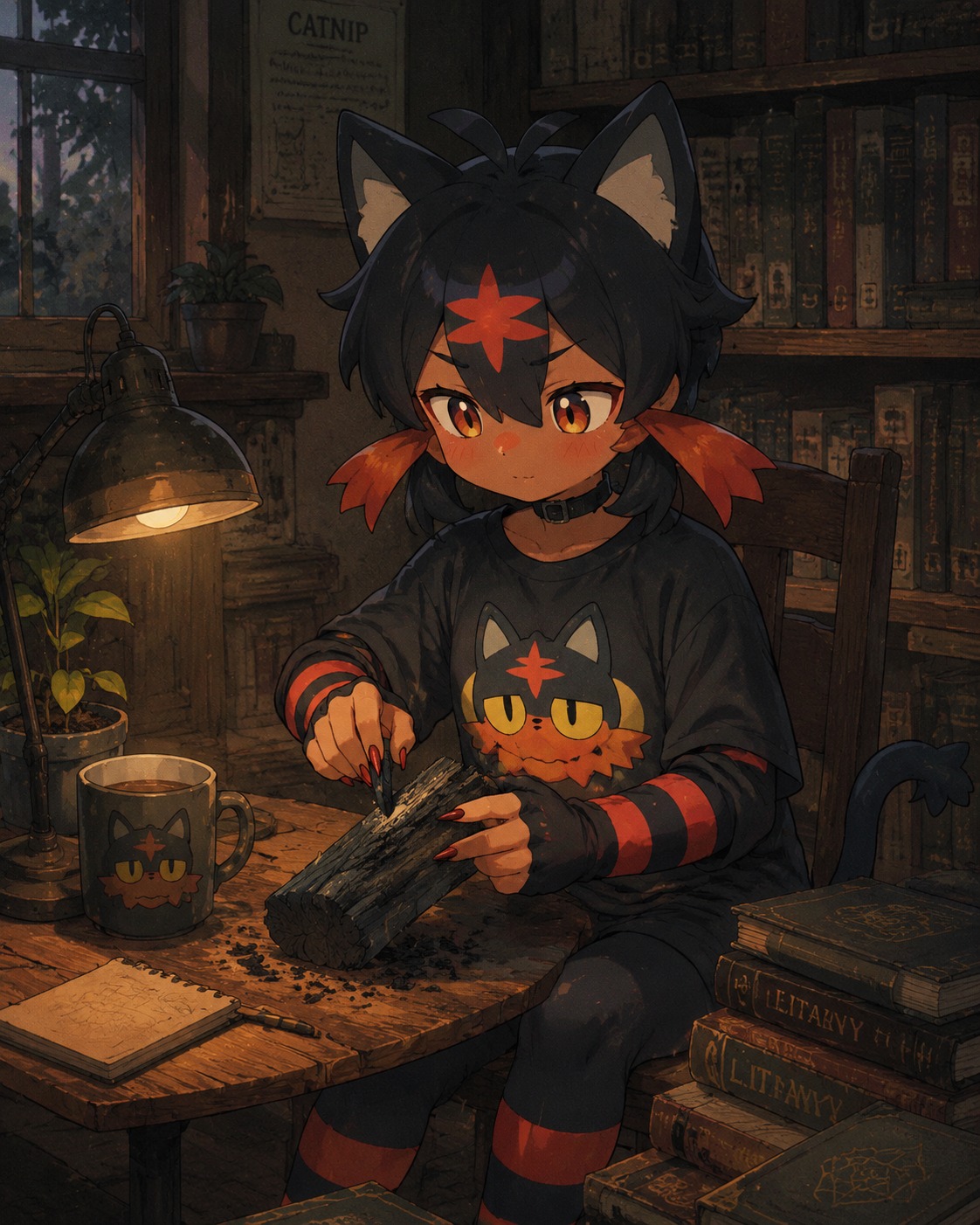 Sharpening its claws on charred wood In a quiet library corner with old books (cozy lo-fi illustration, soft grainy texture)