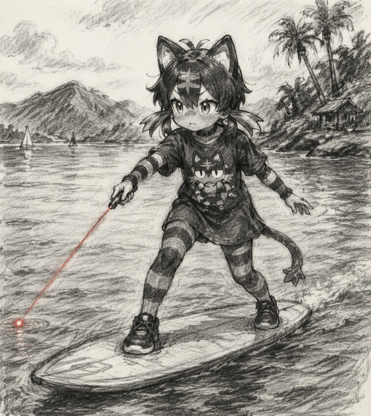 Tracking a laser pointer with focused eyes On a surfboard drifting in a calm bay (charcoal sketch, rough textured lines)